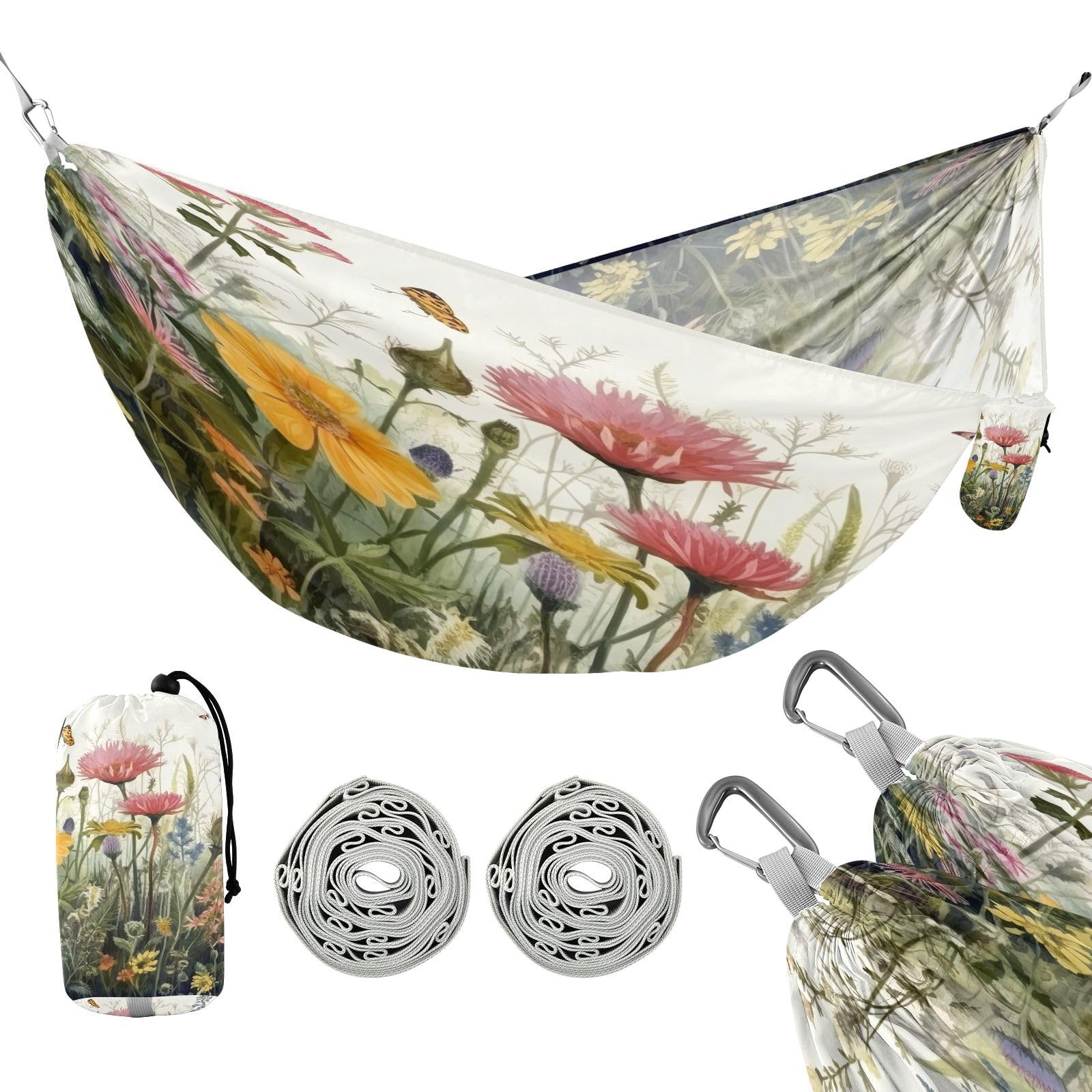 Haskirky Wild Flower Camping Hammock, Single Portable Hammocks with Tree Straps & Attached Carry Bag, 330Lbs Capacity Perfect for Outside Indoor Hiking Beach Backpack Travel