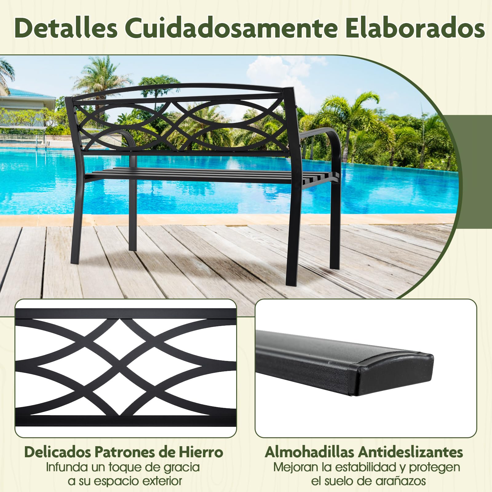 GOPLUS Banco de Jardín de Metal Resistente con Respaldo | Asiento con Listones y Reposabrazos Curvados para 2 Personas, Mueble de Exterior para Patio Trasero, Piscina, Porche y Parque