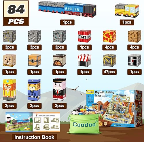 Miniatura 36 de Coodoo Bloques magnéticos - Juego de bloques magnéticos de construcción de minas con diseño de cerezo, azulejos magnéticos, juguetes STEM para niños