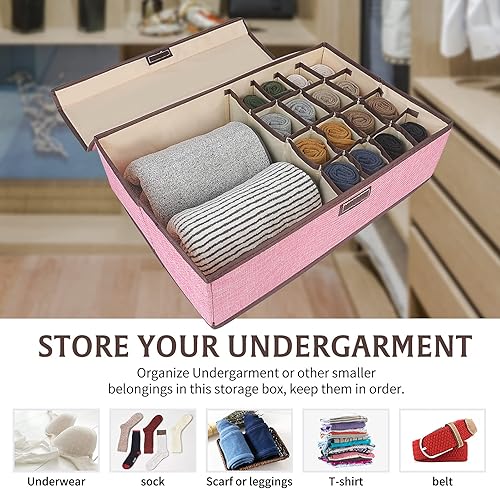 Miniatura 3 de Organizador de ropa interior rosa, organizador de 2 piezas de calcetines con tapa, divisor de 17 celdas, organizador de cajones de ropa, cajas de
