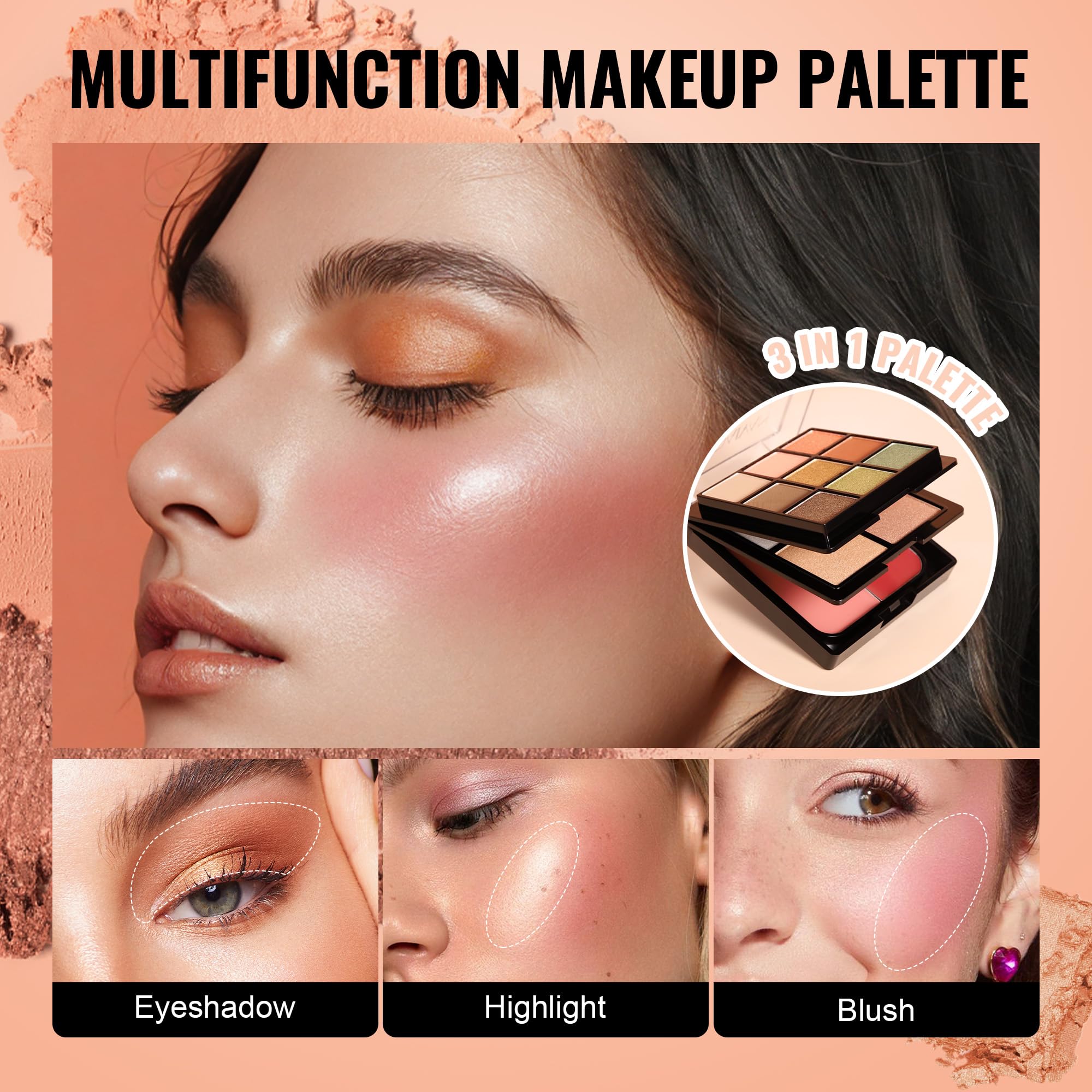 Multifunction Makeup Palette, 9 Eyeshadows, Peach Blush Shades & Shimmery Highlighters - Image 4