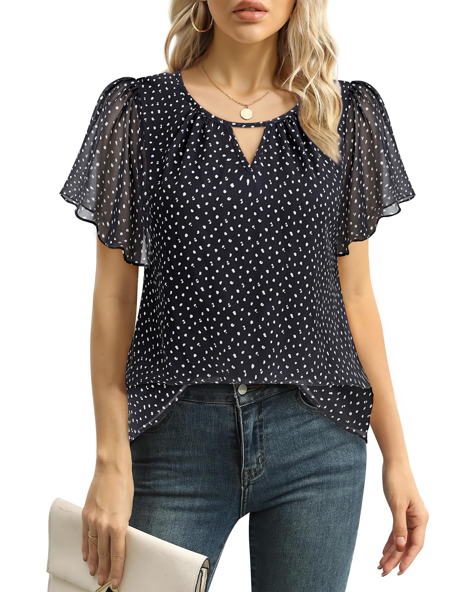 Gaharu Camicia da donna elegante a maniche corte, estiva, business, casual, scollo rotondo, maniche a volant, in chiffon, con fiori