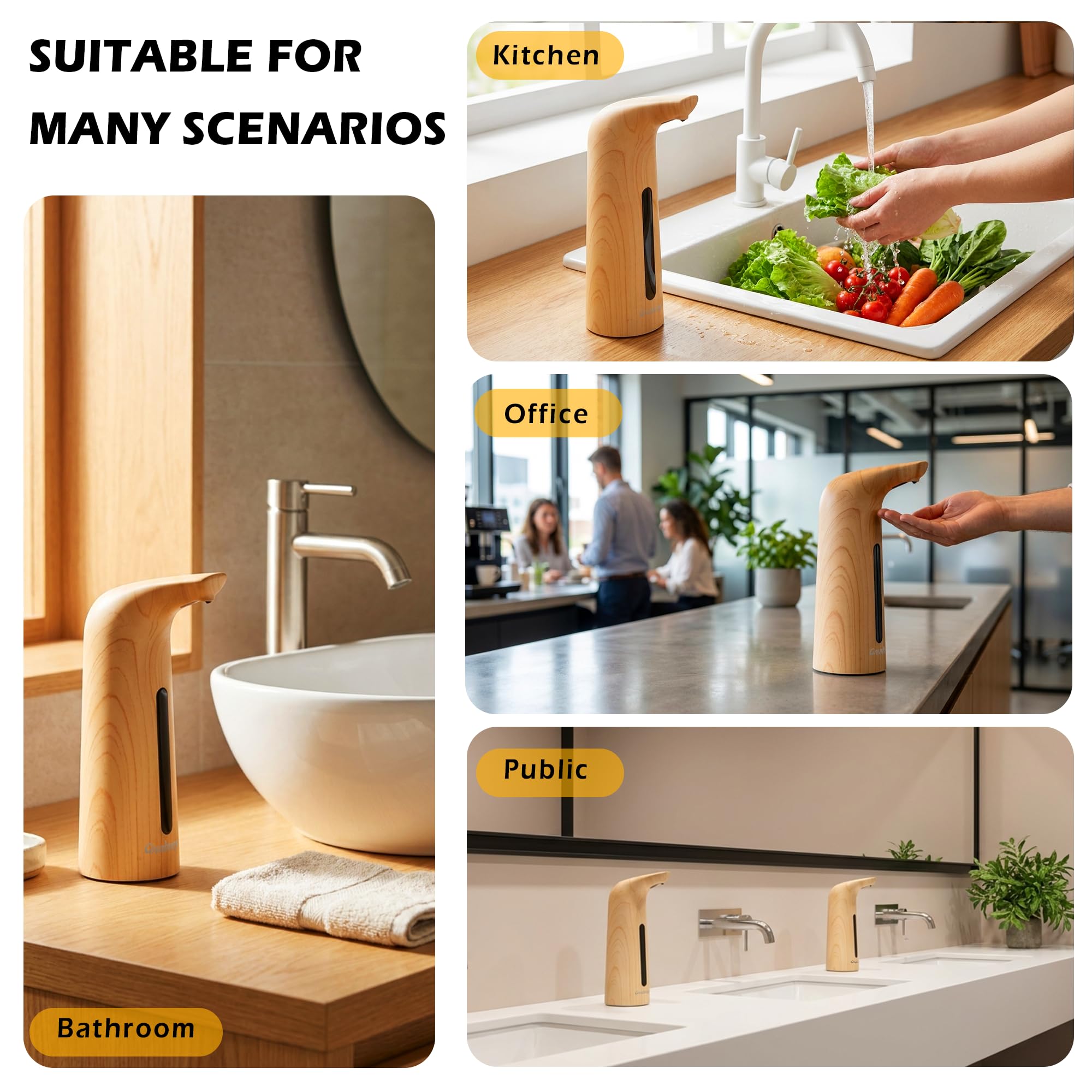 Distributeur de savon automatique avec 4 niveaux réglables, électrique, 300 ml, sans contact, avec capteur, étanche IPX6, pour salle de bain, cuisine (bois clair)