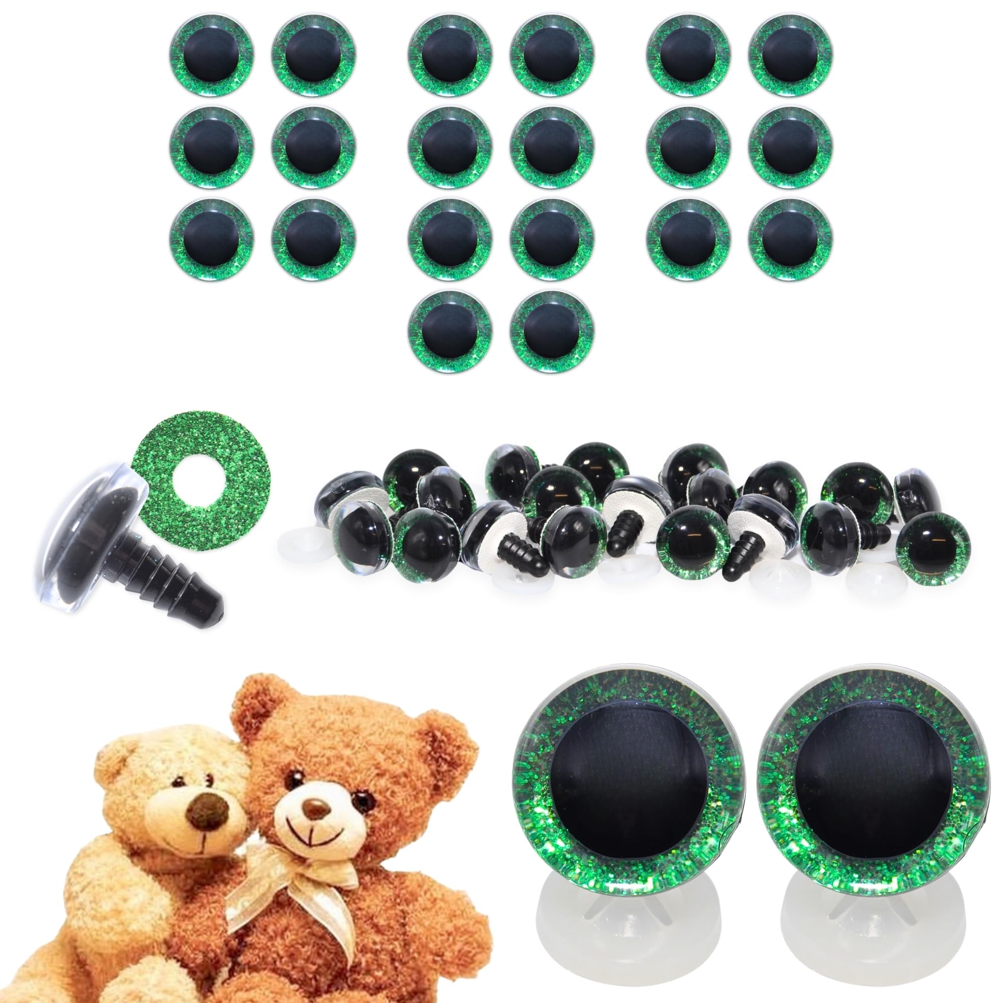 celloexpress 16mm Green 3D Glitter Eyes with Plastic Backs - Sparkle Safety Eyes for Soft Toy Teddy Bear Animal Making (Pack of 10 Pairs)