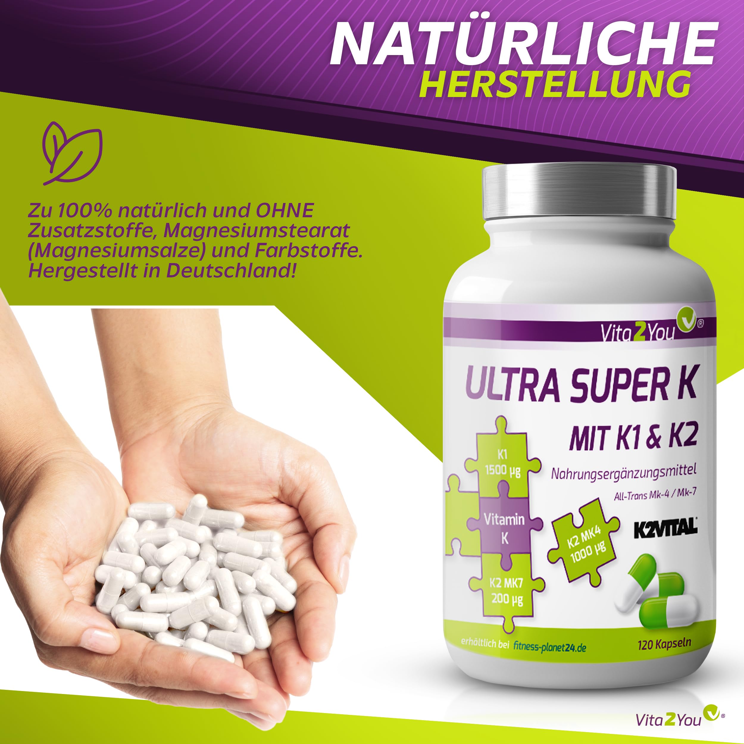 Vita2You Ultra Super K - 3 Vitamin K Formen - 120 Kapseln - Vitamin K2 und K1 - MK4 & MK7 - K2VITAL - Hochdosiert - Premium Qualität
