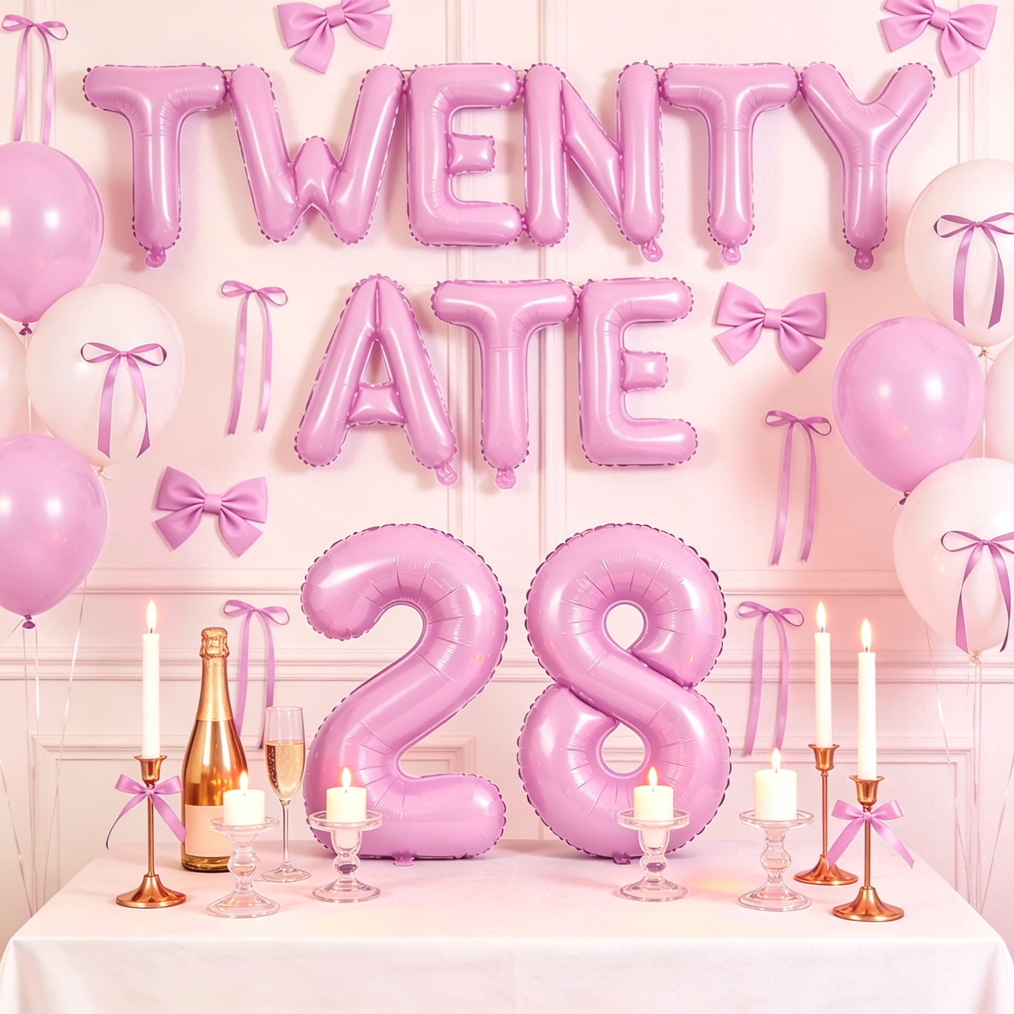 LaVenty Pink Twenty Ate Birthday Banner Blloons 28th Birthday Decorations for Women Coquette Twenty Eight Decor Sign Bows Party ideas Supplies Favors