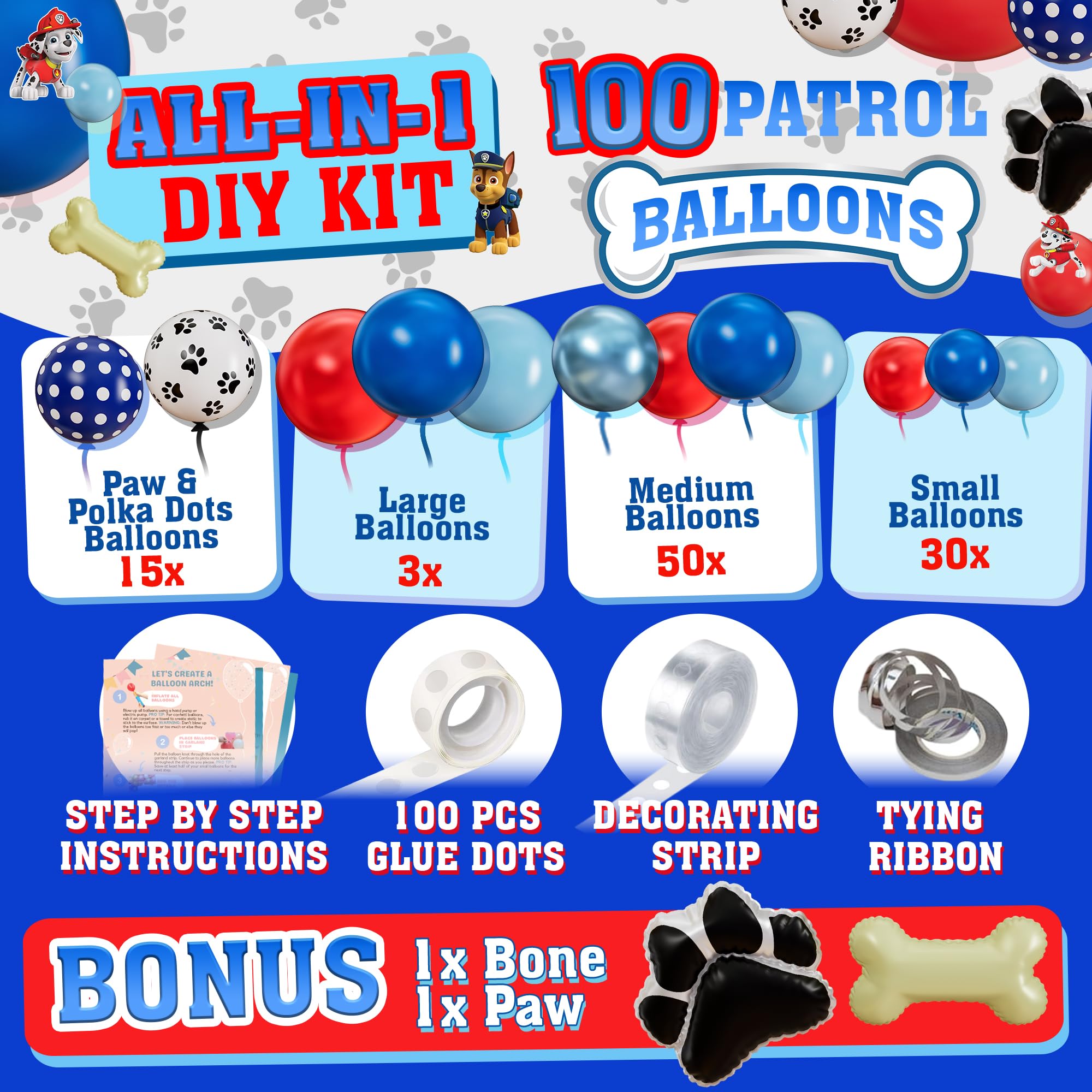 ALL-IN-1 Paw Balloon Arch & Garland Kit with BONUS Dog Bone – Small and Large Red, Dark Blue Paw Balloons – Chase Paw Birthday Party Decorations & Supplies – Boy