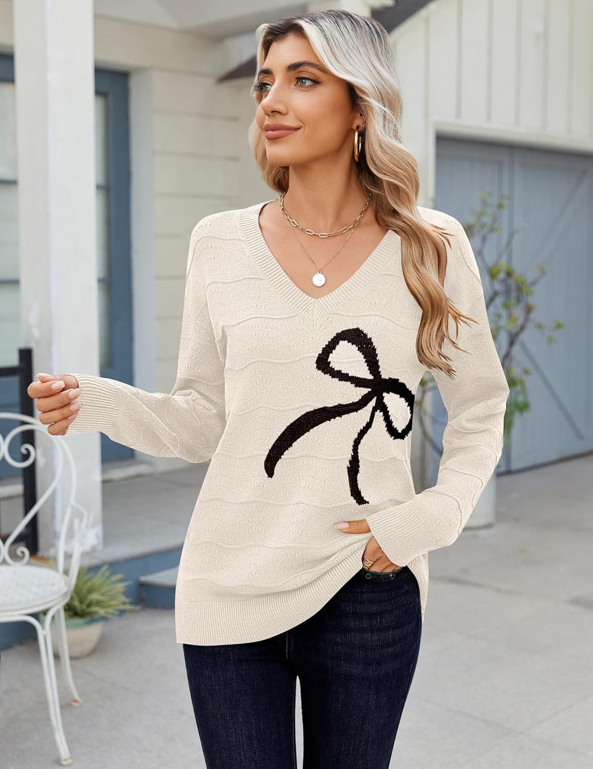 Zeagoo Womens Sweaters Fall Casual Long Sleeve V Neck Shirts Lightweight Crochet Ribbed Knit Pullover Tops Outfits - Image 2