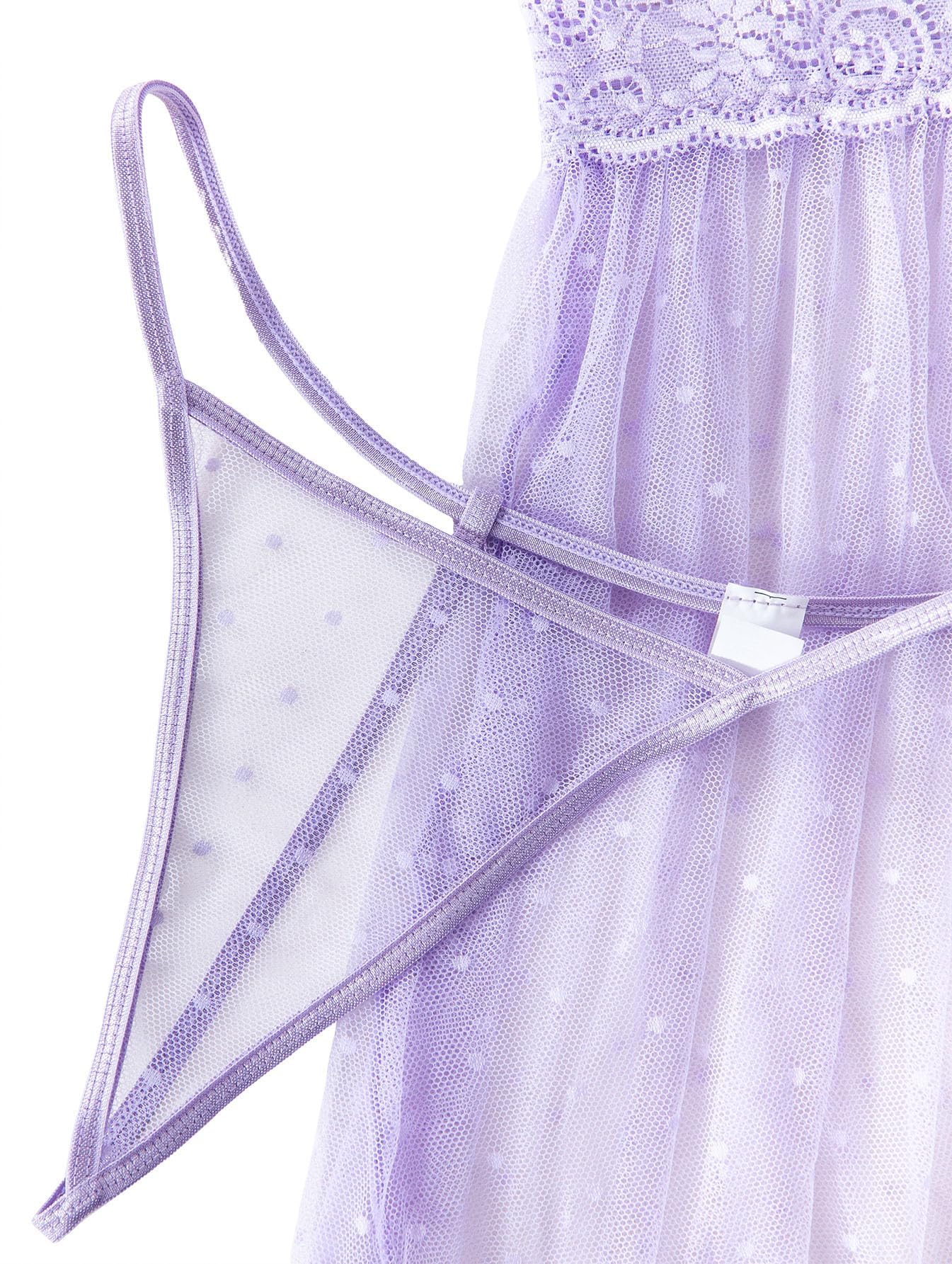 Lilosy Sexy Polka Dots Mesh Sheer Lace Babydoll Chemise Lingerie Set Floral Lace Sleep Wear