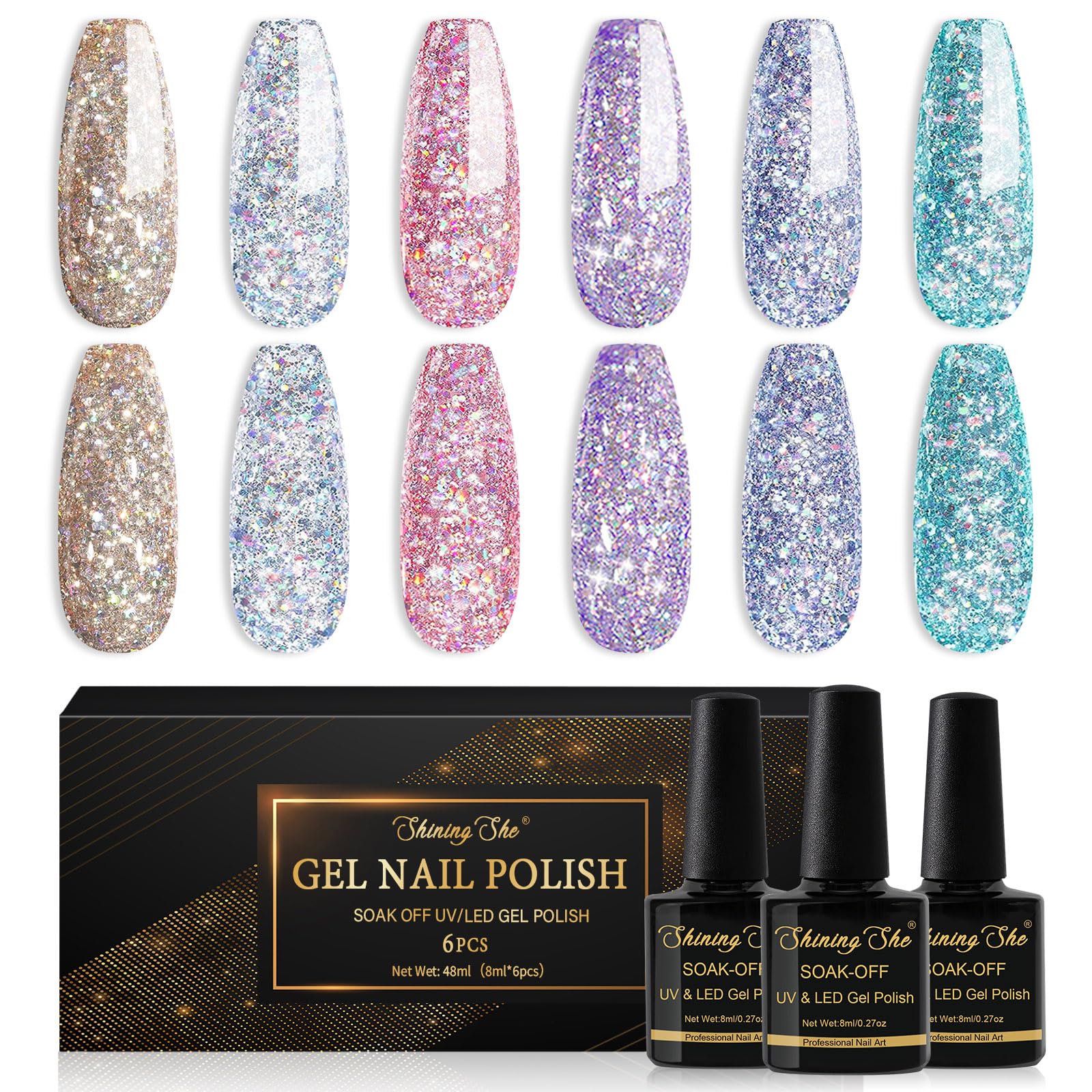 Shining She Glitter Gel Nail Polish, 6 Colours Gold Sliver Purple Blue Sparkly, Soak-Off UV/LED Lamp Gel for Women Nail Art Salon DIY Home, 8ML