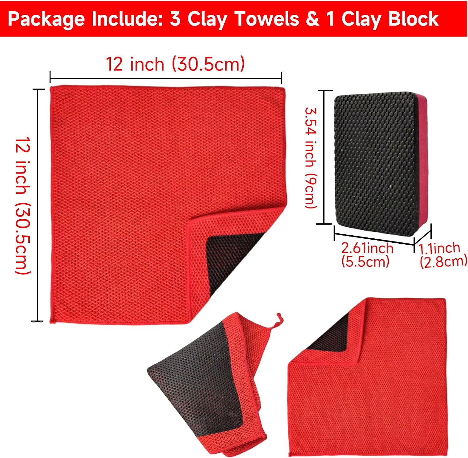 Upgrade Clay Towels and Pad Set 4PCS - Perforated Synthetic Decontamination Towel for Car Detailing, Cleaning & Release of Paint Contaminants, 3pcs Clay Bar Towels 12x12 Red, & 1pcs Red Pad