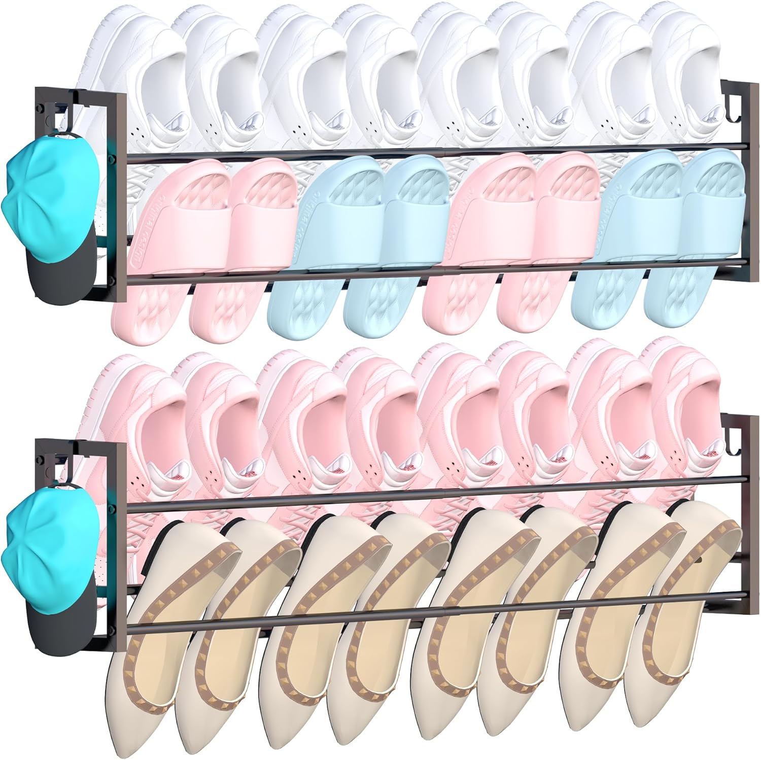 2 Pack Wall Mounted Shoe Rack for Narrow Spaces, Hanging Shoe Rack Holds 16 Pairs, 17"-30"Adjustable Heavy Duty Wall Shoe Storage with 4 Storage Hooks, Space Saving for Closet Entryway Door, Black