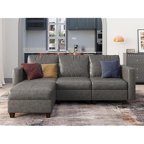 EASE MOOSE Faux Leather Modualr Sectional Couch with Storage,Gray Faux Leather Sectional Sofa Modular Couch