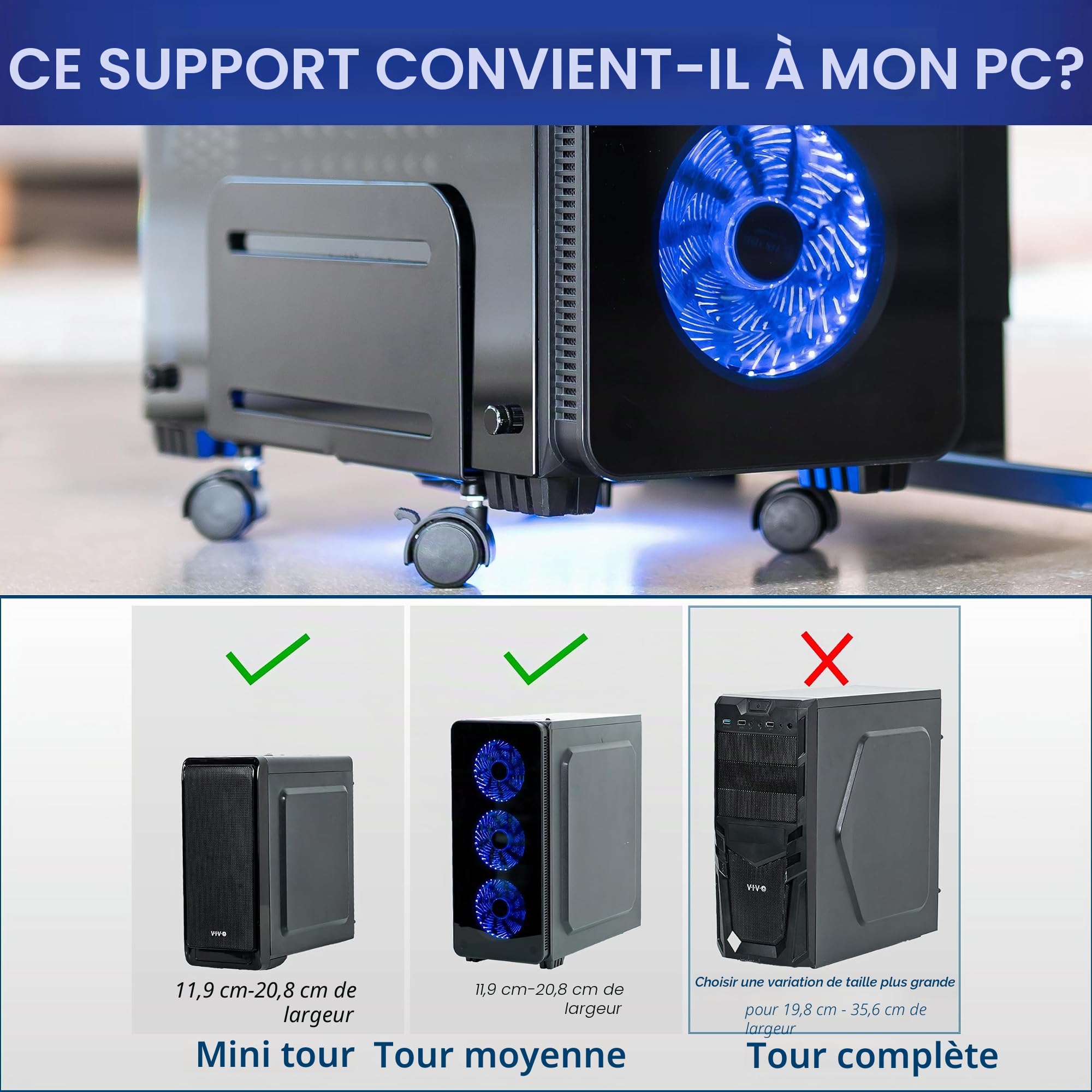 VIVO Support de Boîtier PC Moyen Tour, Support Roulant en Acier pour Unité Centrale, Chariot Mobile Réglable avec Roulettes à Verrouillage, Noir, CART-PC01