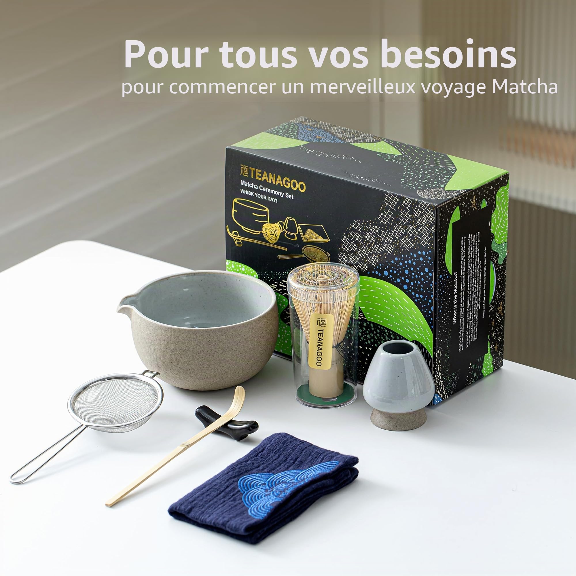 TEANAGOO Kit Matcha 7 pièces, Matcha Set-Bol à matcha avec bec verseur, Fouet à Matcha en Bambou (Chasen), Pelle (Chashaku), Service à thé, (Gris Plus Foncé)