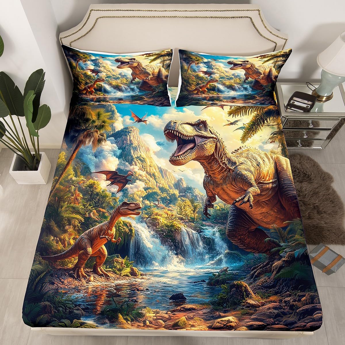 3D Wolves Fitted Sheet,Wild Eagle Bird Animals Bedding Set for Kids Teens Adults,Natural Trees Mountain Moon Jungle Style Bed Sheet with 2 Pillowcases(No Top Sheet),Queen Size 3 Pcs