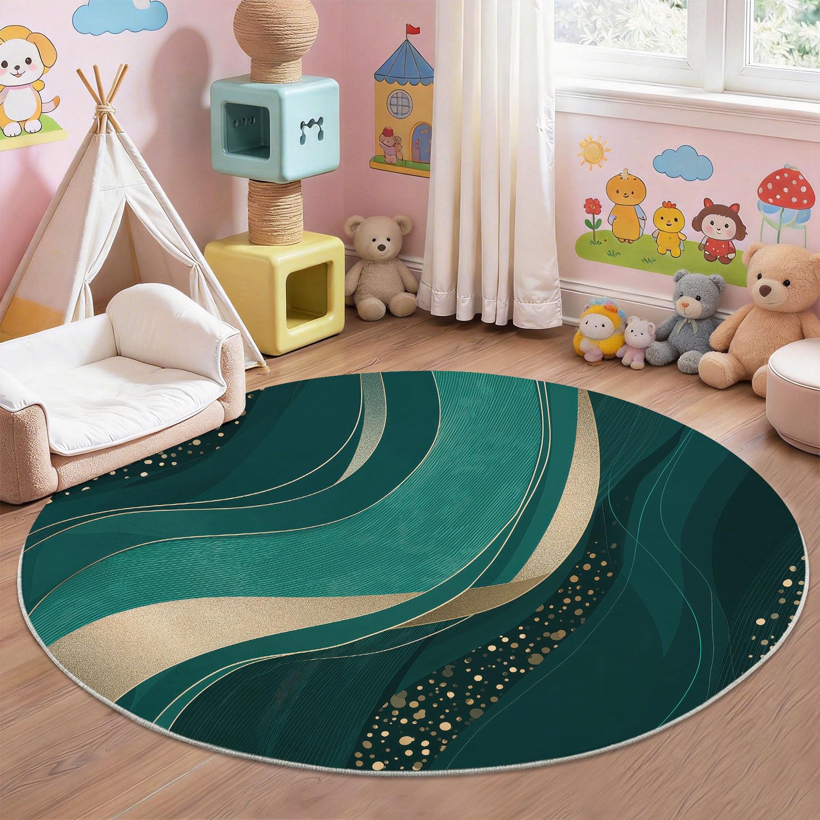 Générique Luxe Italien Tapis Rond Salon 180 cm Poils Courts pour Chambre Cuisine Intérieur, Texture Marbre Lignes Dorées Antidérapant Doux Flanelle Tapis Rond Décoratif, Vert Foncé