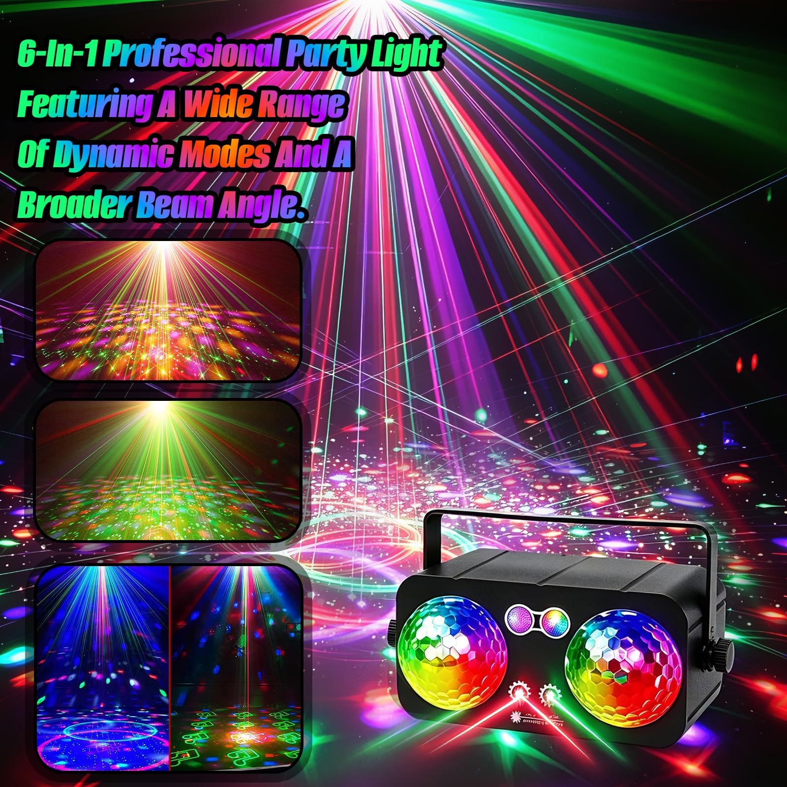 Boule disco 6 en 1 - Lumière stroboscopique DJ colorée - Activée par le son - Pour l'intérieur, les anniversaires, les raves, les soirées dansantes, les lumières de scène en plein air, les clubs à
