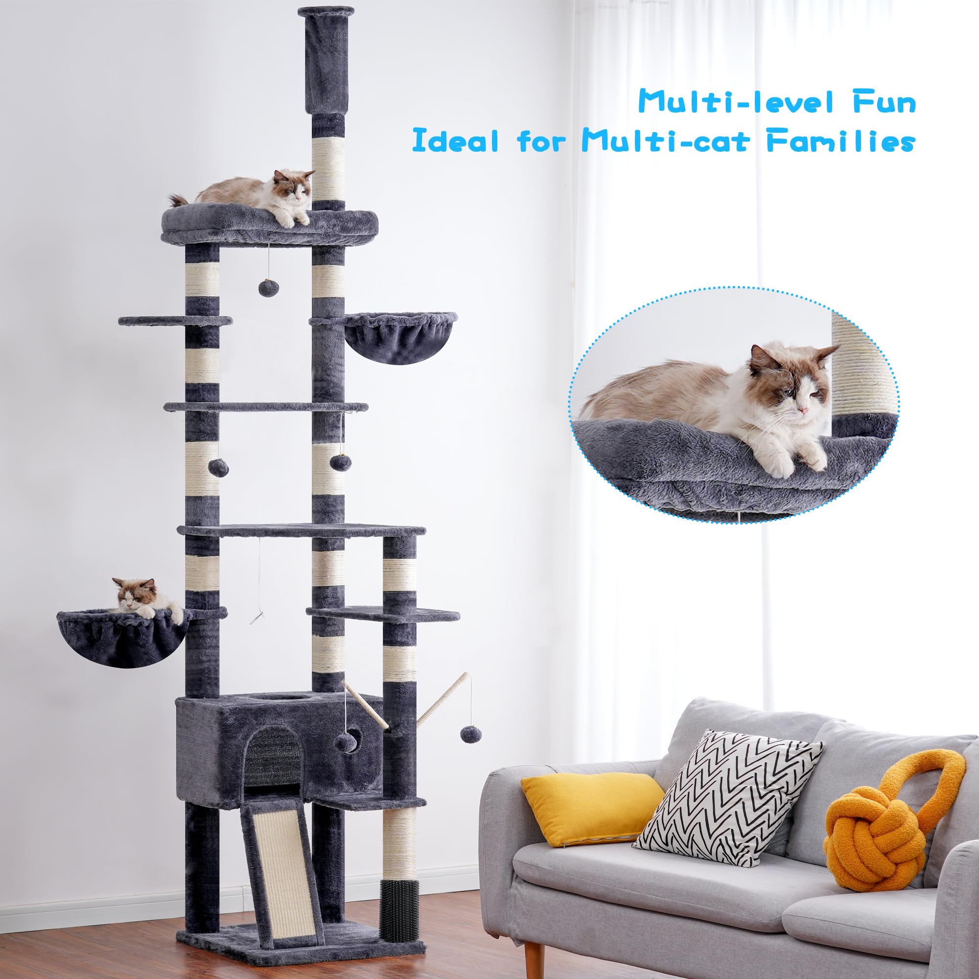 Hey-brother Kratzbaumturm, höhenverstellbar, vom Boden bis zur Decke, MPJ091G | 94.5-106.3 Zoll Mehrstöckiges Katzenhaus Kratzbäume Plüsch Condo Plattform Spielzeugball für Indoor Big Cats Rauchgrau