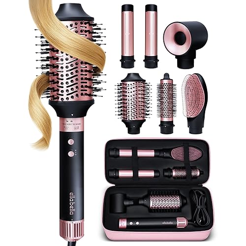 ELLA BELLA® 6 in 1 Professional Hot Air Styler • Powerful Hair Dryer & Straightener Set • Styling Without Heat Damage • Fast Drying Curling Volumizing Straightening • Includes Protective Travel Case - Black & Rose Gold