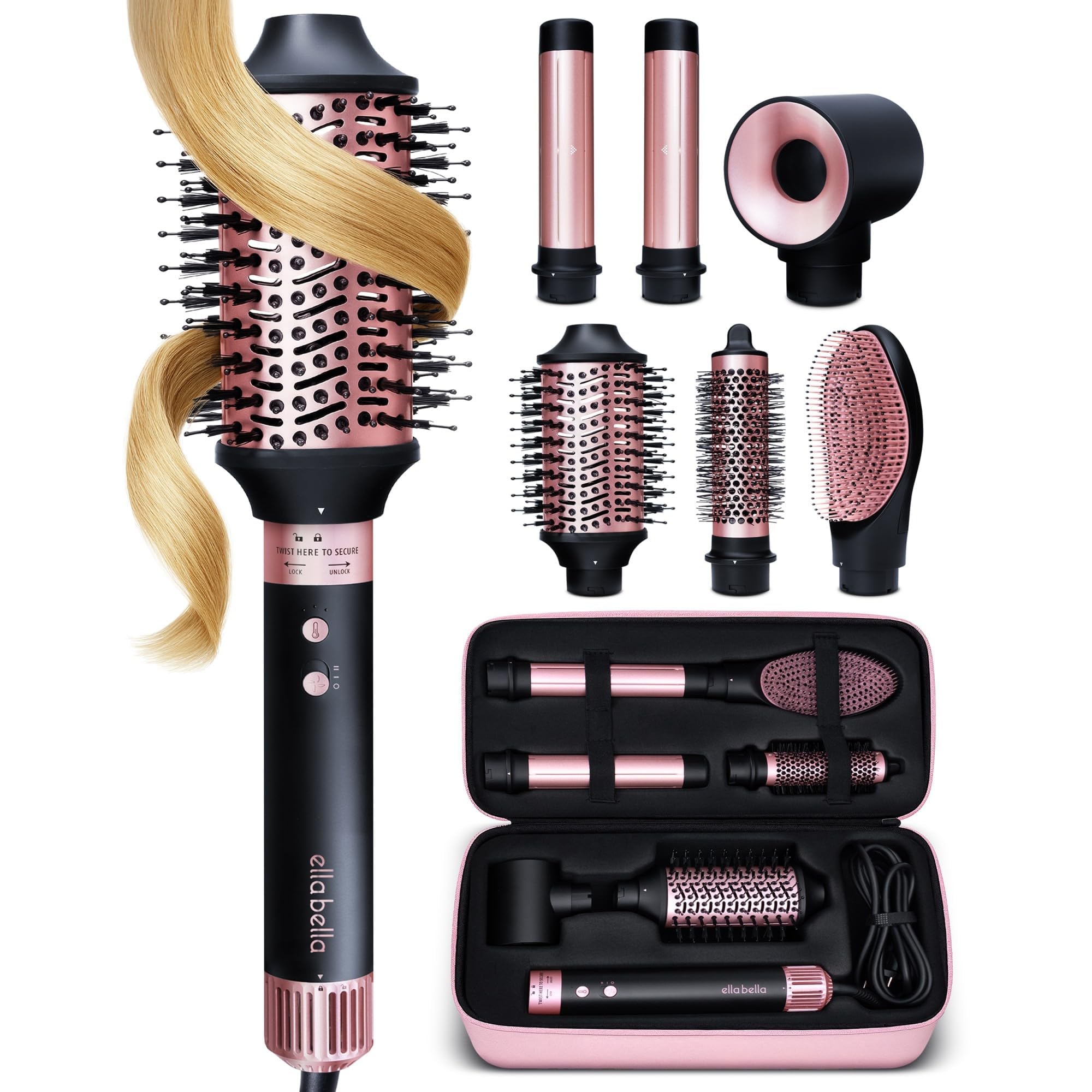 ELLA BELLA® 6 in 1 Professional Hot Air Styler • Powerful Hair Dryer & Straightener Set • Styling Without Heat Damage • Fast Drying Curling Volumizing Straightening • Includes Protective Travel Case