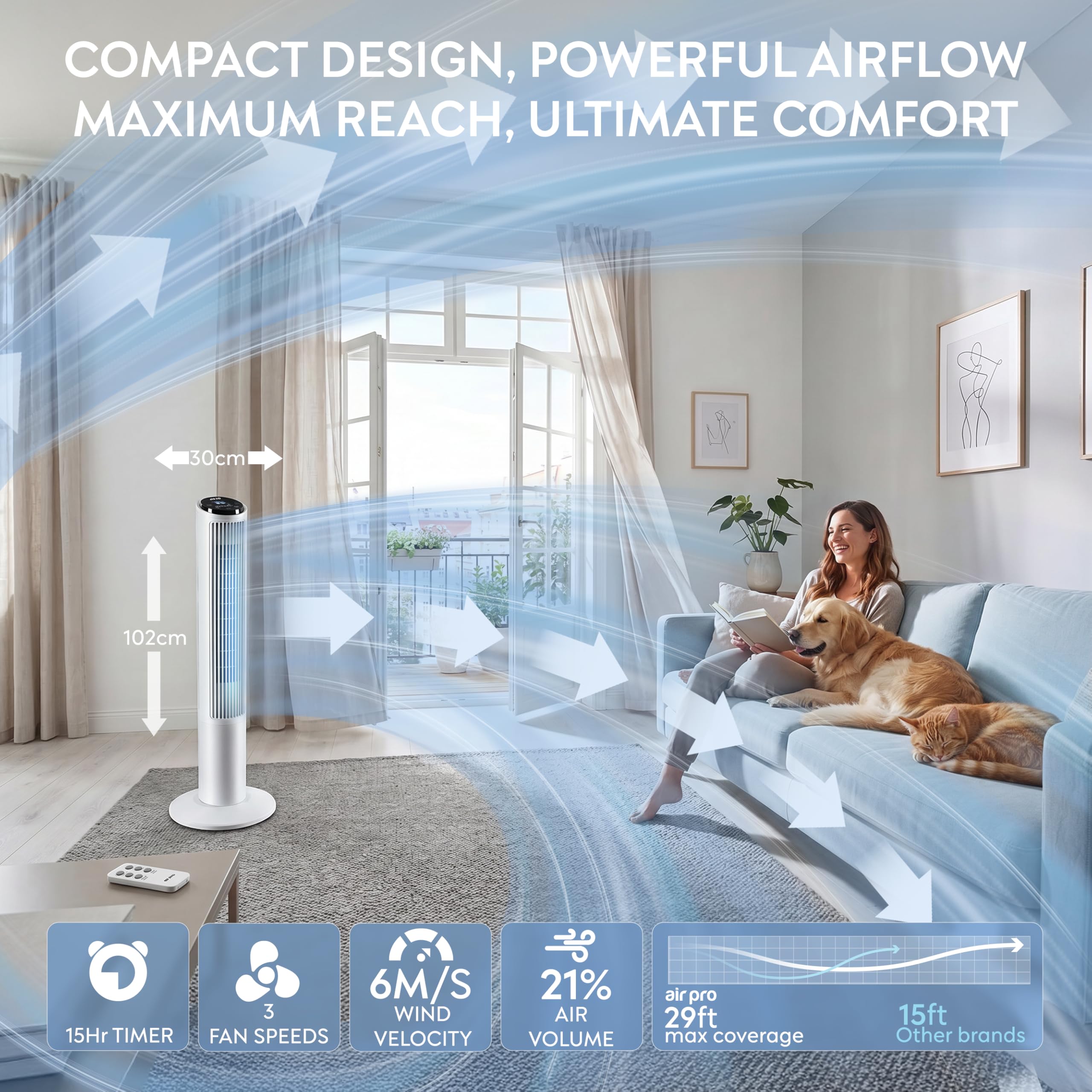 Air Pro 40" Tower Fan SmartVoice™ Control Oscillating Bladeless Fan with Remote - Tall Compact 3 Speeds Quiet 50W Motor Cooling Fan - Floor Standing Fan for Home Office - LED Display 15 Hour Timer