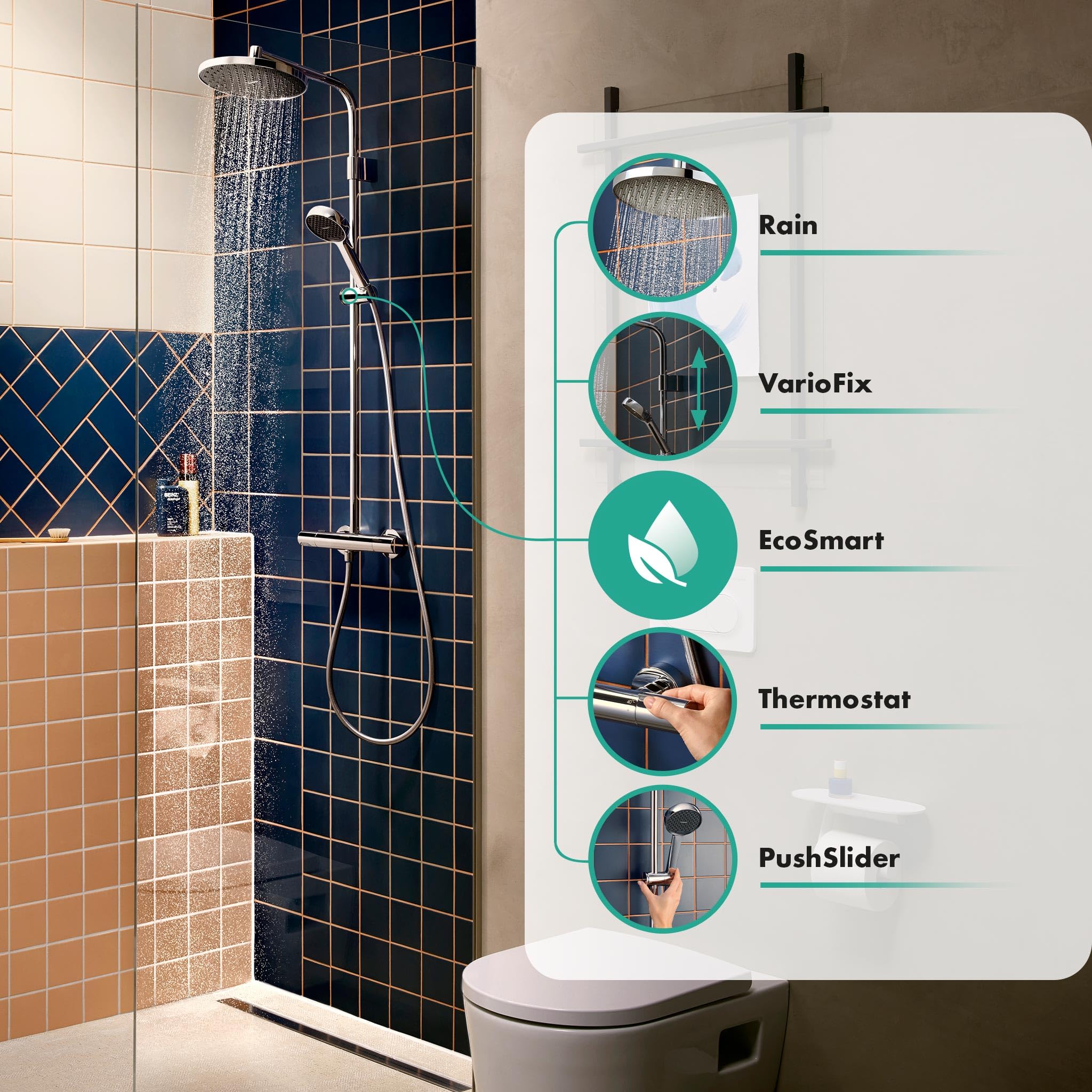 hansgrohe Activera S - wassersparendes Duschsystem (EcoSmart) mit Thermostat, Regendusche (240 mm) mit Armatur, Handbrause (2 Strahlarten), Schlauch, Brausestange und Kopfbrause, Chrom, 28078000