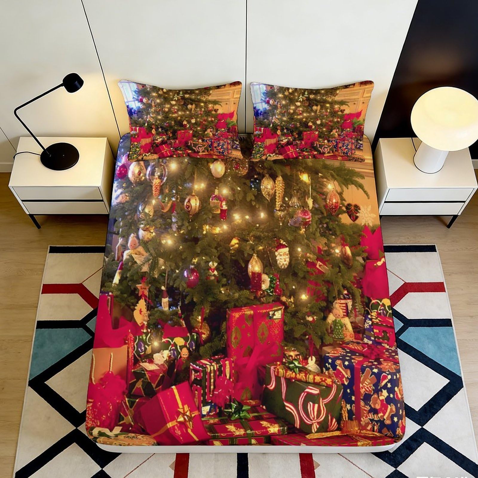 Pnayamiorkfel Style-4 3D Printed Christmas Tree Fitted Sheet Microfiber Box Bed Cover For Bedroom Dorm Dustproof Decor 90X200x25cm