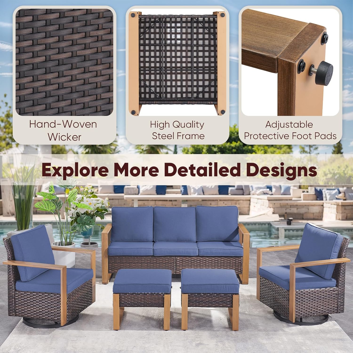 HUMMUH Outdoor Wicker Sofa-3 Seater Rattan High Back Couch Patio Sofa for Deck Porch Garden Balcony Poolside-Brown/Blue
