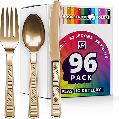 Miniatura 1 de DecorRack Juego de cubiertos de plástico, juegos de cubiertos de plástico dorado para fiestas, juego de utensilios de plástico resistentes a granel