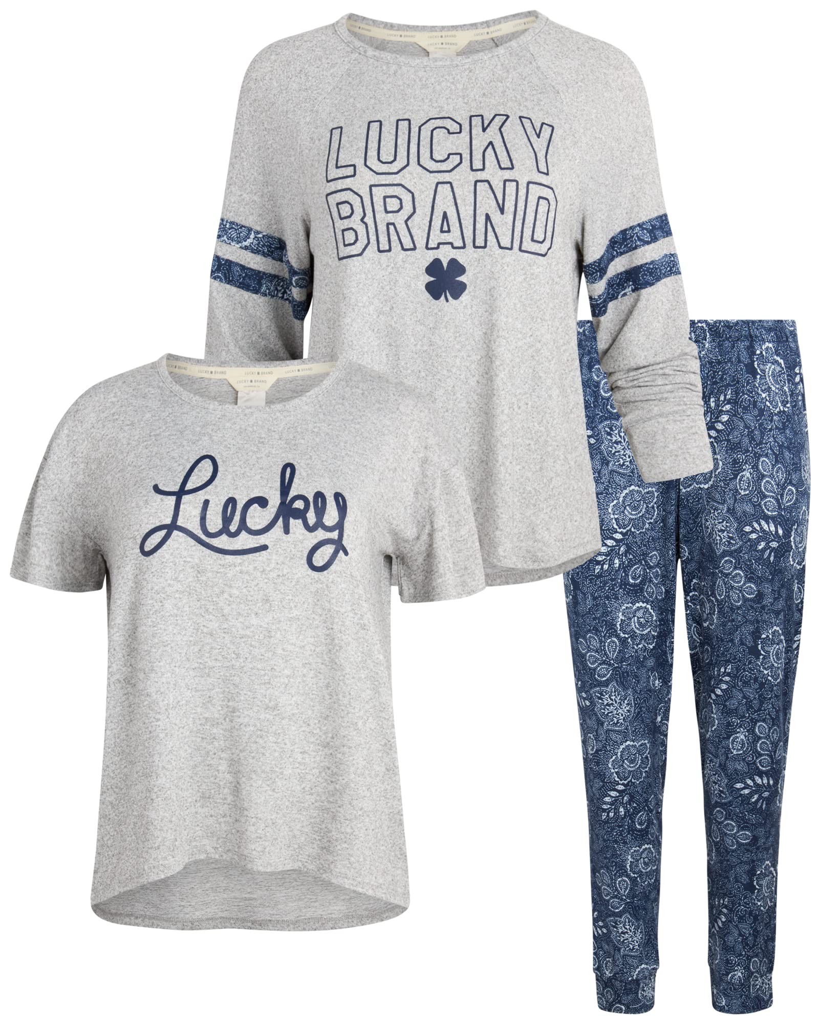 Lucky BrandWomen's Pajamas - 3 Piece Hacci Sleepwear Short and Long Sleeve T-Shirt with Joggers (Size: S-XL)
