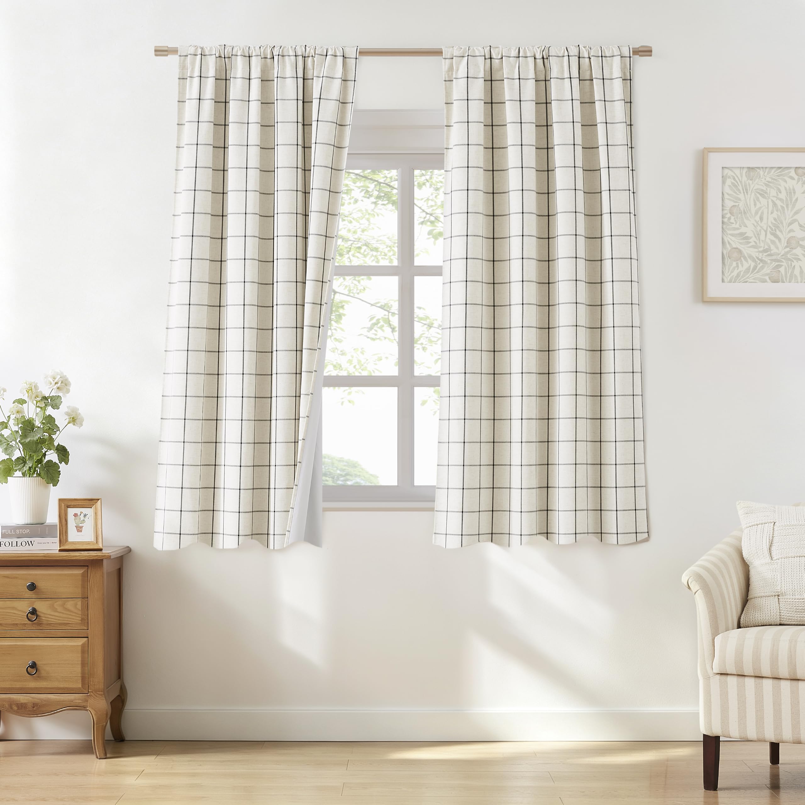 Bapawfish Black Beige Plaid Full Blackout Curtains 63" Bedroom Living Room