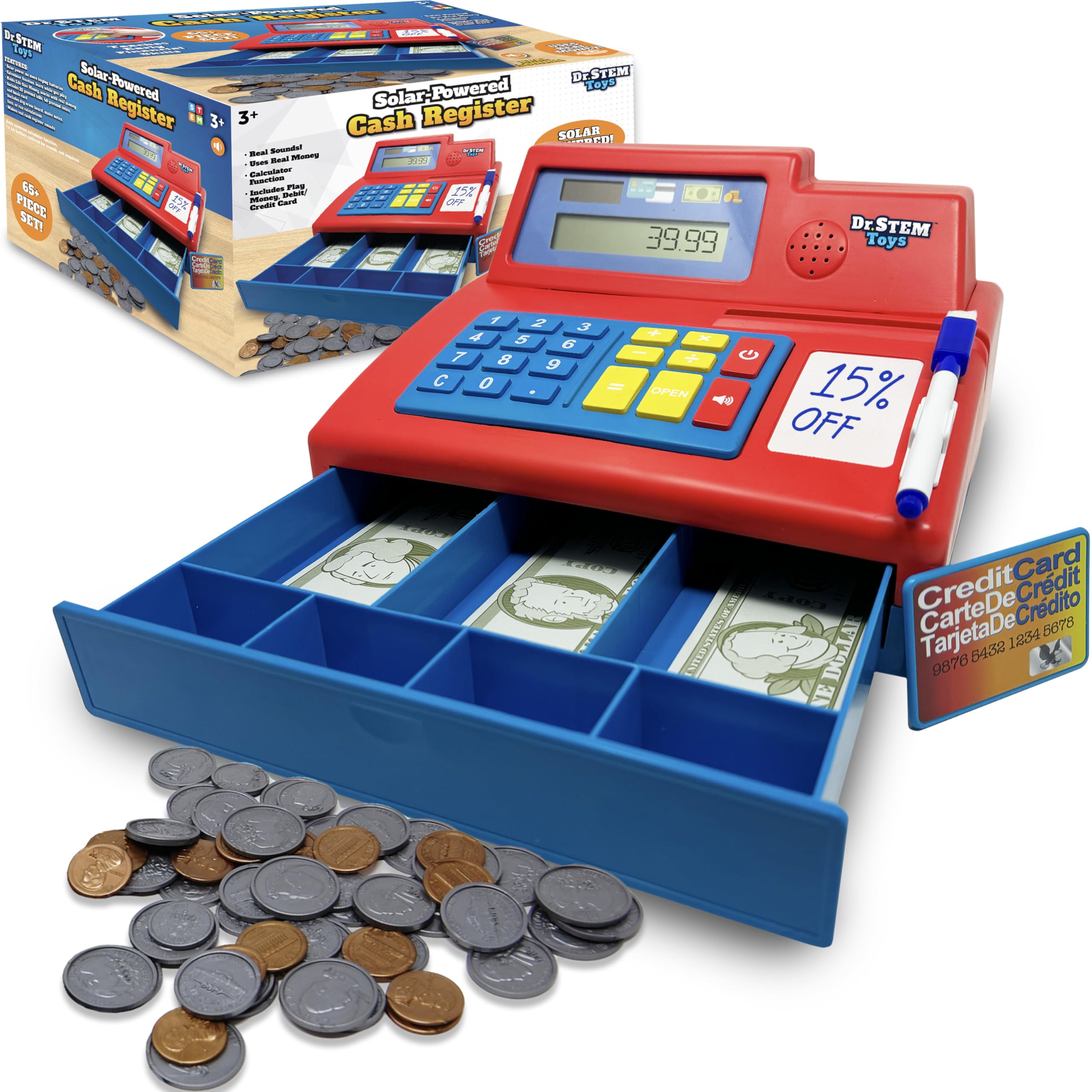 Dr. STEM Toys Solar Powered Calculator Pretend Cash Register with Play Money – 67-Piece Set for Learning Math Skills, STEM Cash Register for Kids, Red