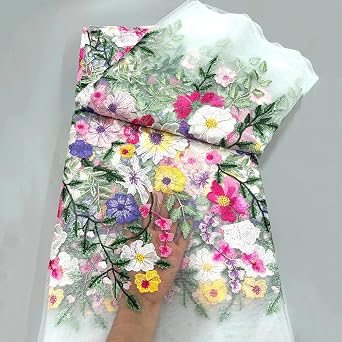TUIUSTU,Lace Fabric, Length 36 Width 53 Colorful Floral Embroidered Lace Fabric by 1Yard for Sewing Dresses WeddingWhite mesh 36, Inches