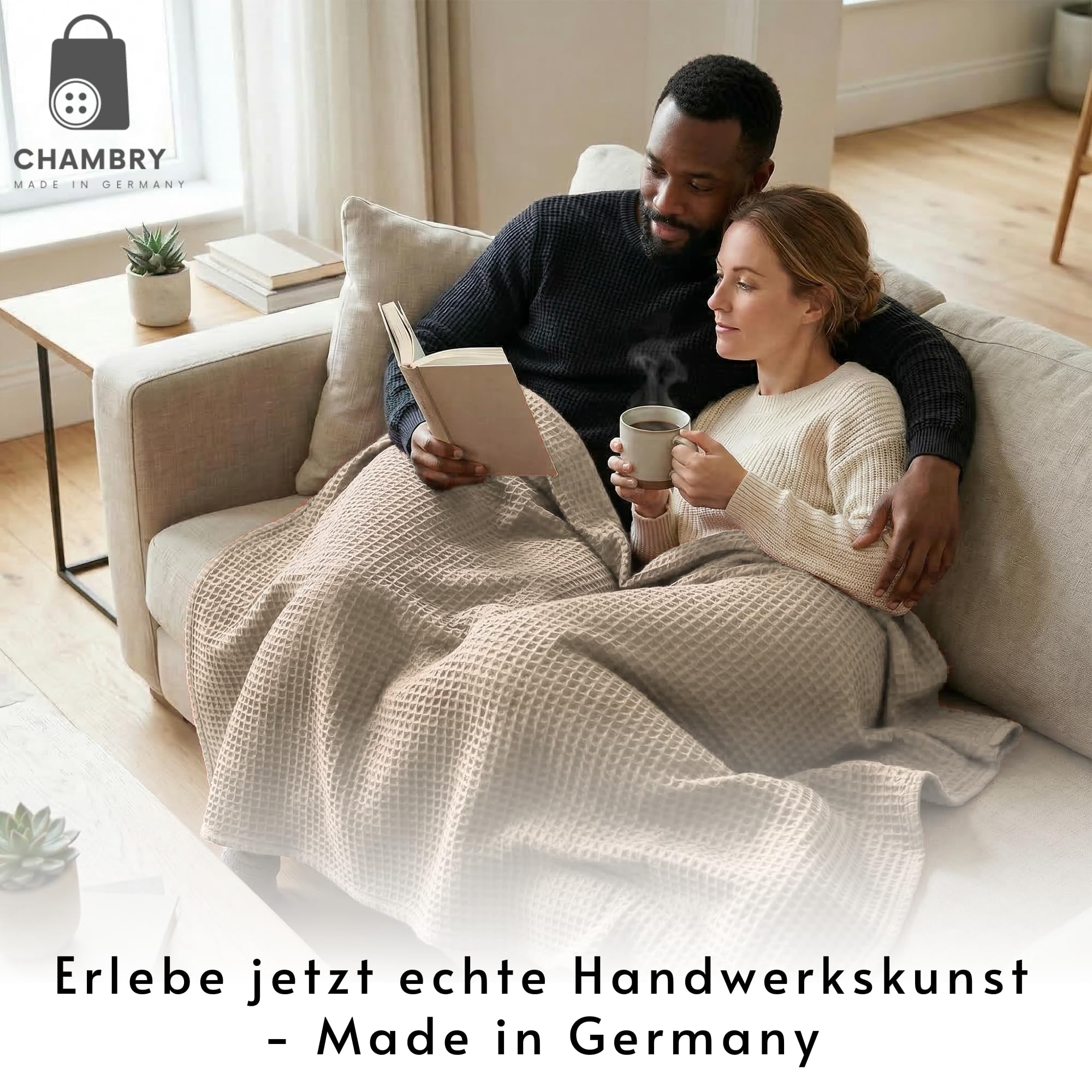 chambry Tagesdecke 135x200 cm - 100 % Baumwolle Waffelstruktur - weiche & atmungsaktive Baumwolldecke - Zeitlose & waschbare Kuscheldecke, Möbelüberwurf, Couchüberwurf oder Bettüberwurf - Champagne