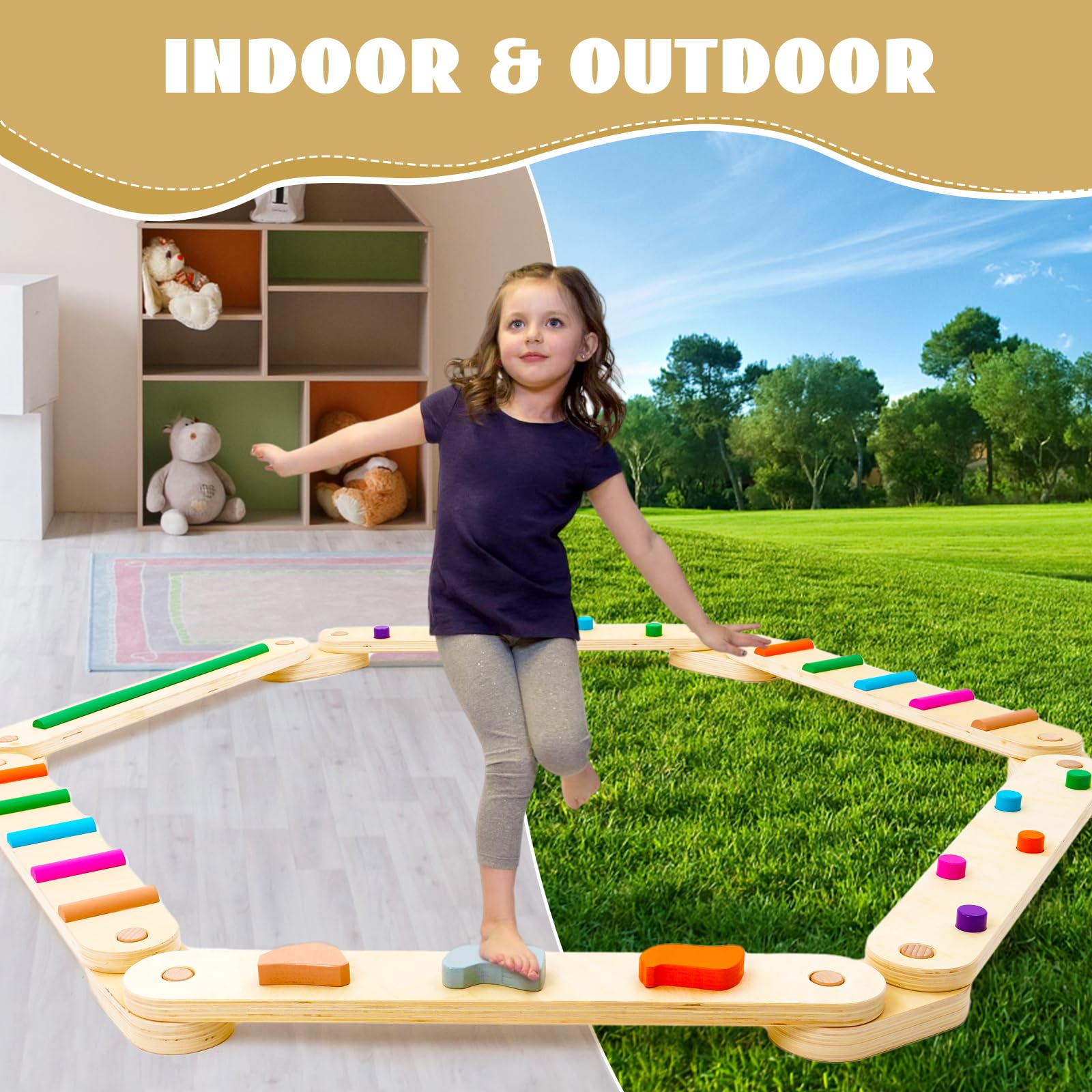 Juego de barras de equilibrio de madera, carrera de obstáculos Montessori para niños, carga máxima de 40 kg