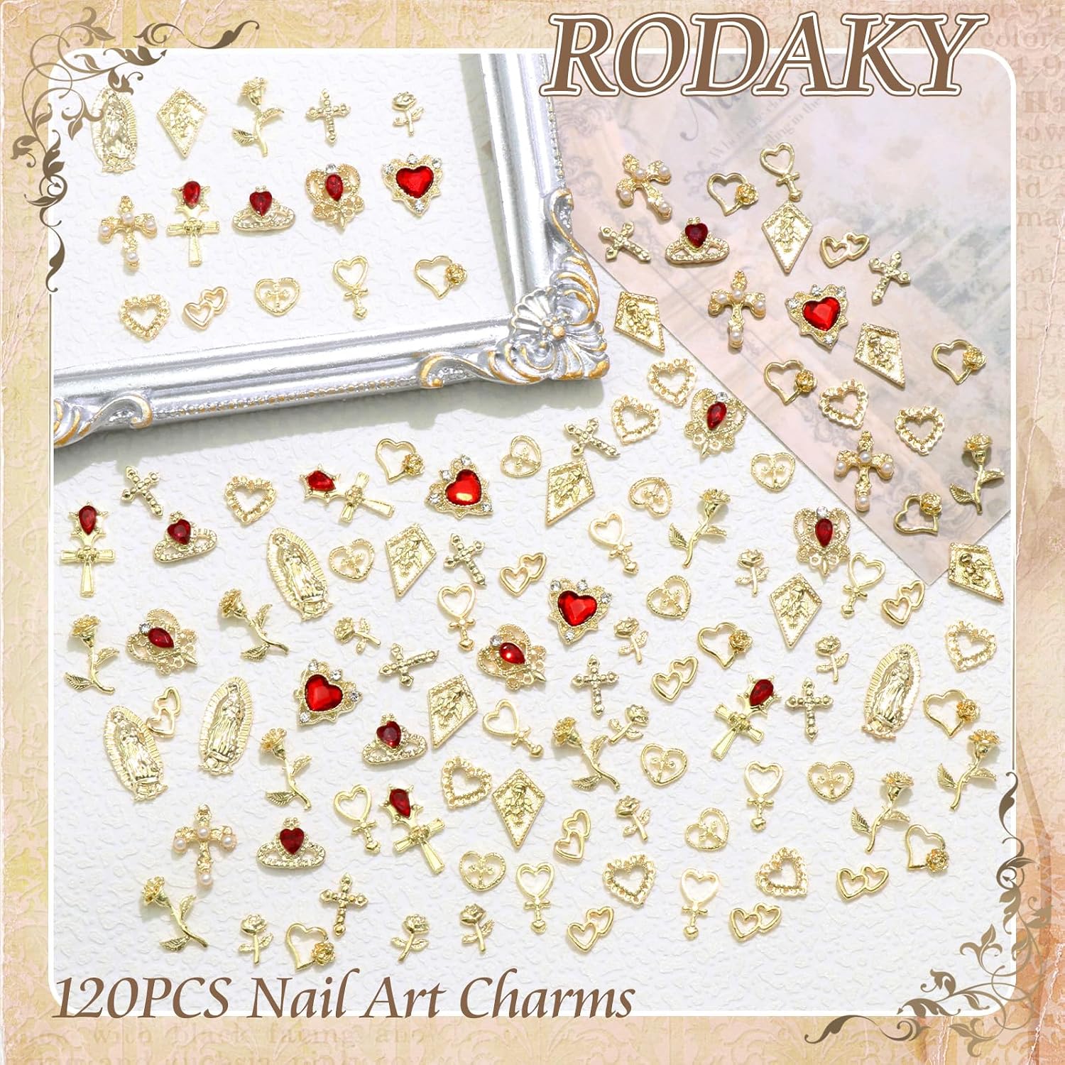RODAKY 120PCS Gold Nail Charms Cross Nail Art Jewelry 3D Heart Crystal Rhinestone Rose Charms for Nails Virgin Mary Metal Nail Gems Luxury Nail Decoration Diamonds for Manicure Design Craft DIY