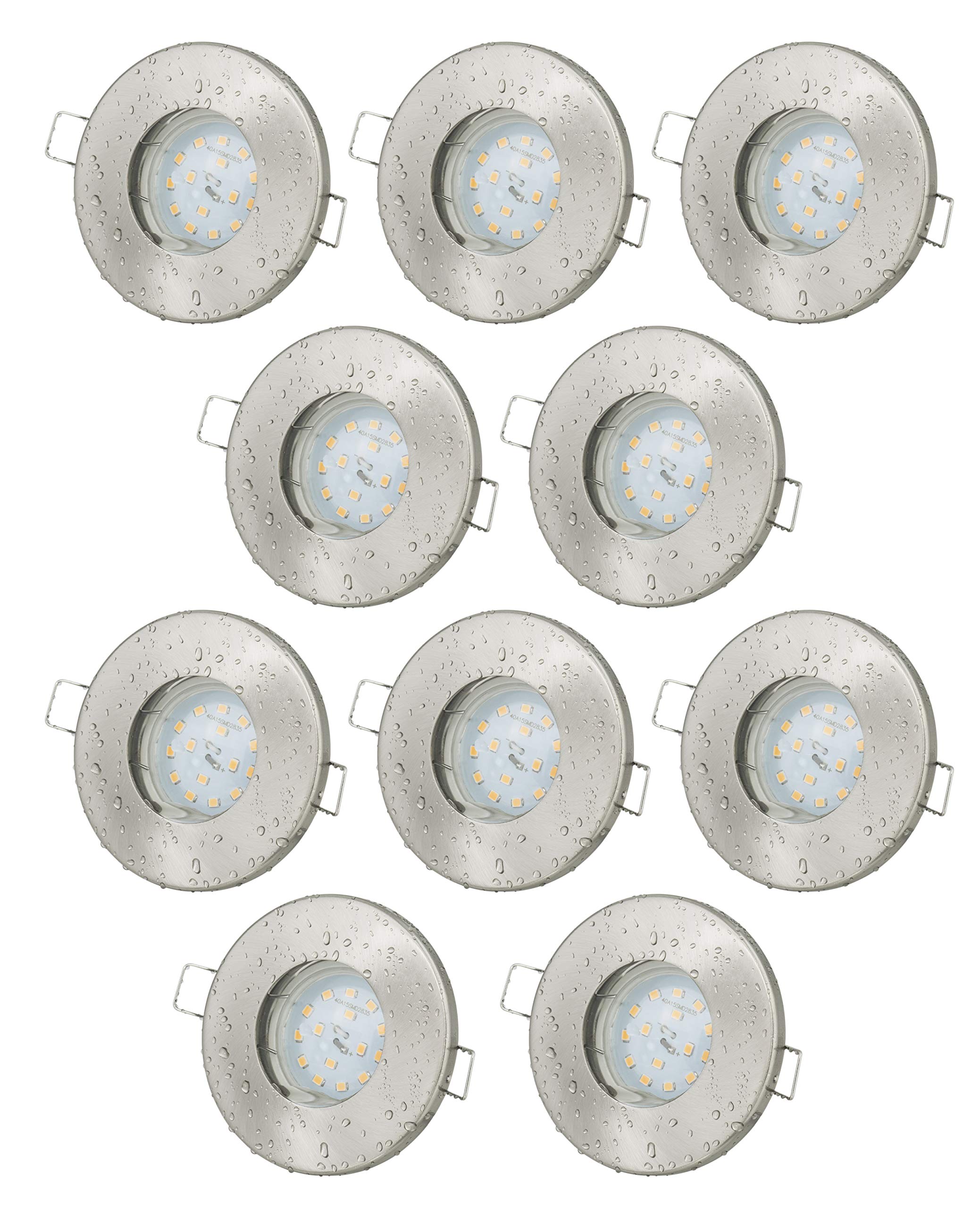 JungesLicht 10er Set Einbaustrahler IP65 Optik: Edelstahl gebürstet GU10 5Watt LED Leuchtmittel 3000Kelvin warm-weiß 420Lumen = 40W Lichtleistung, Leuchtmittel austauschbar, für 55-68mm Bohrlöcher