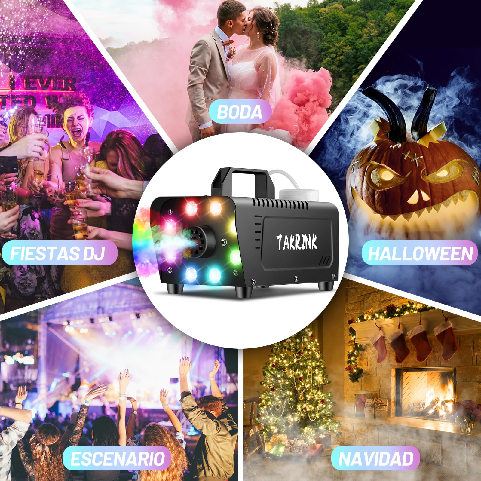 TAKRINK 900W Máquina de Humo Automática con 8 LED 16 Colores RGB Máquina de Niebla con Remoto Inalámbrico Fog Machine Portátil para Fiesta Escenario Discoteca DJ Club Boda