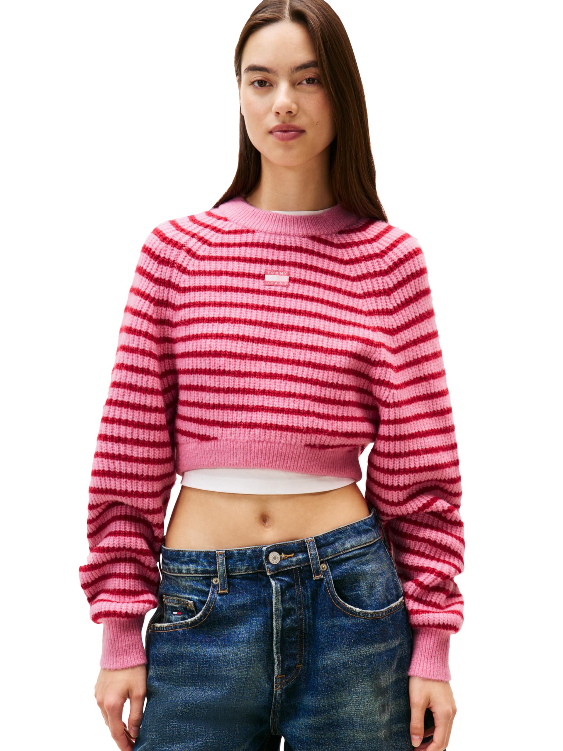 Tommy Jeans Womens Wool Blend Pullover Crewneck Sweater with Embroidered Flag Logo