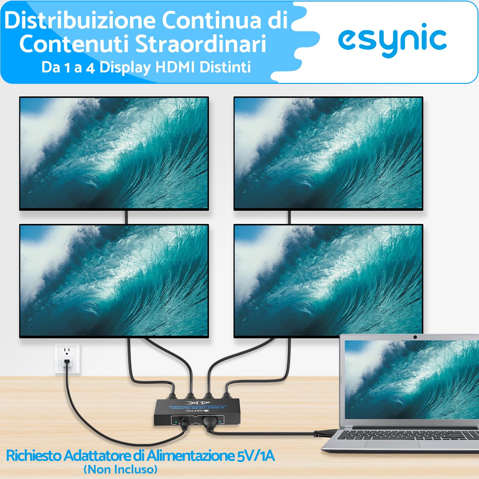 eSynic HDMI Splitter 1 In 4 Out 4K@30HZ 3D con 1m Cavo HDMI 4 Vie Splitter HDMI Supporta HDCP 1.4 Bypass 1X4 Splitter HDMI Involucro in Metallo per Fire Stick Console Blu-ray