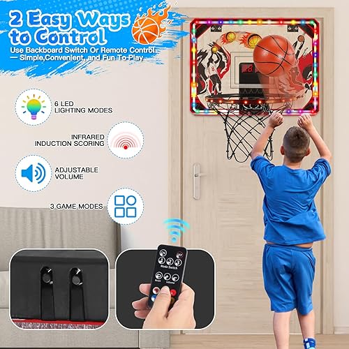 Miniatura 4 de Mini aro de baloncesto para interiores con luz LED y marcador, aro de baloncesto para niños con 6 modos de aro y luz de respiración y control