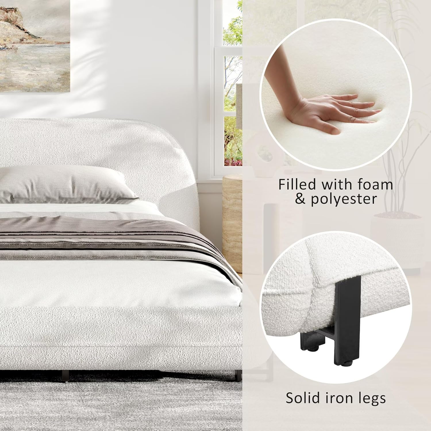 Queen Size Upholstered Bed Frame with Boucle Fabric and Steel Legs, Easy Assembly, Bedroom Furniture for Teenagers and Adults, White