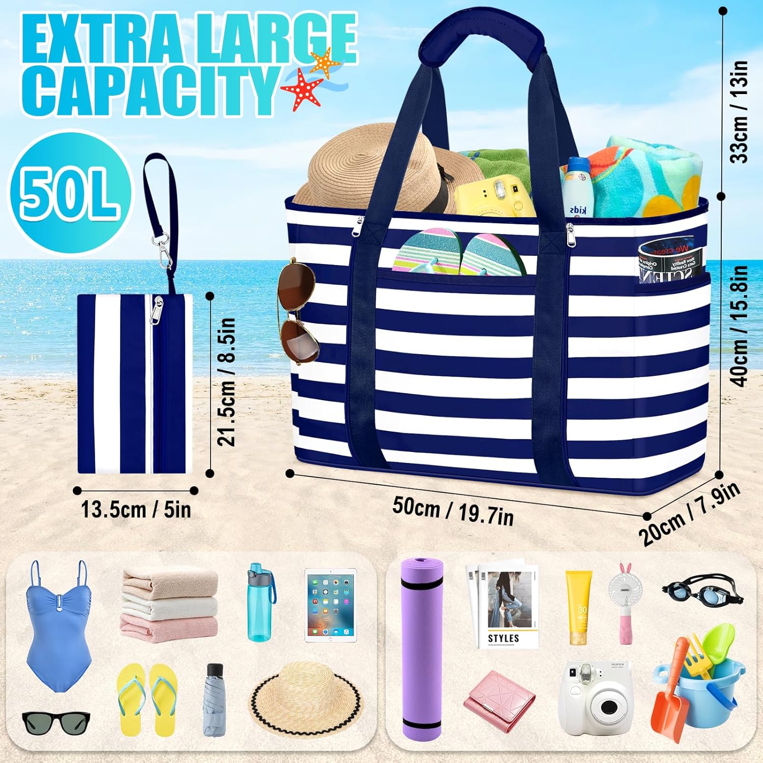 Extra Large Beach Bags for Women, Waterproof Sandproof Beach Tote Bag Foldable Swim Pool Bag with Zipper and Wet Pocket - Image 6