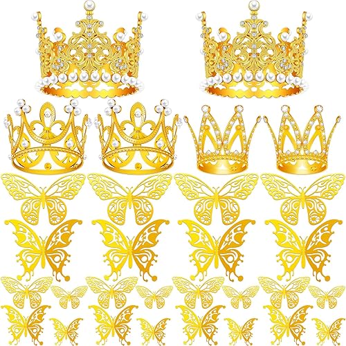 30 accesorios de ramo de flores, corona dorada para tartas con decoración de mariposa dorada 3D para fiesta de cumpleaños, boda, baby shower,