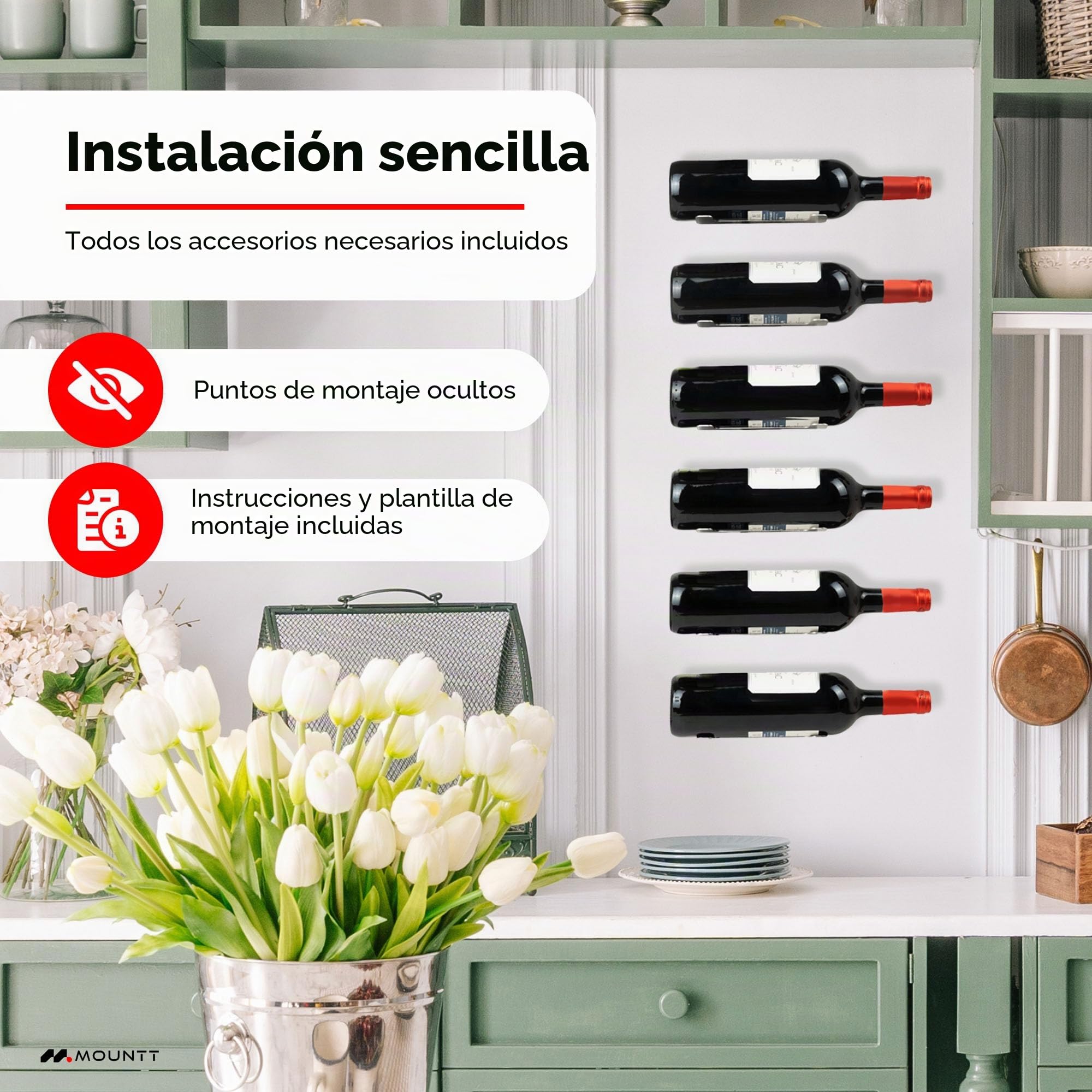 Estante de vino de acero inoxidable montado en la pared, solución de almacenamiento de vino para 6 botellas con diseño desmontable y diseño flotante moderno, soporte para botellas de vino