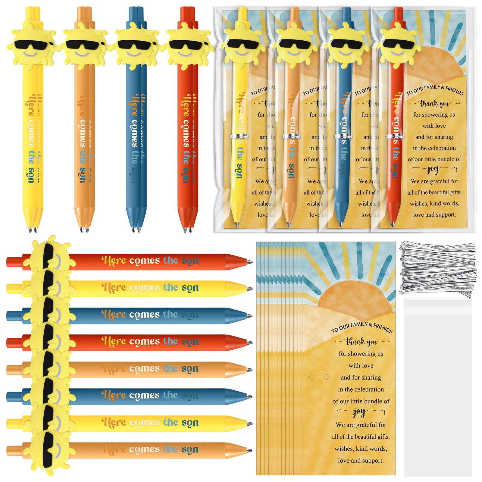 Sayglossy 40 Sets Here Comes The Son Theme Decor Favors Ballpoint Thank You Bookmarks Organza Bag Boho Retro Party Decorations for Gender Reveal Party