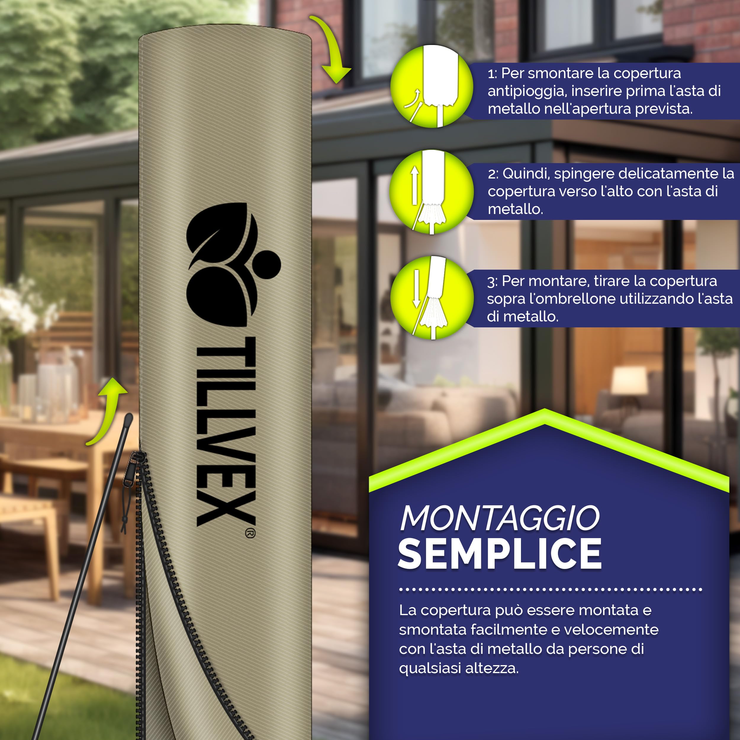 tillvex® Premium ombrellone da giardino 330 cm + copertura e protezione dal vento | Ombrellone a sbalzo regolabile a 7 pieghe con manovella | Ombrellone in alluminio girevole a 360° inclinabile