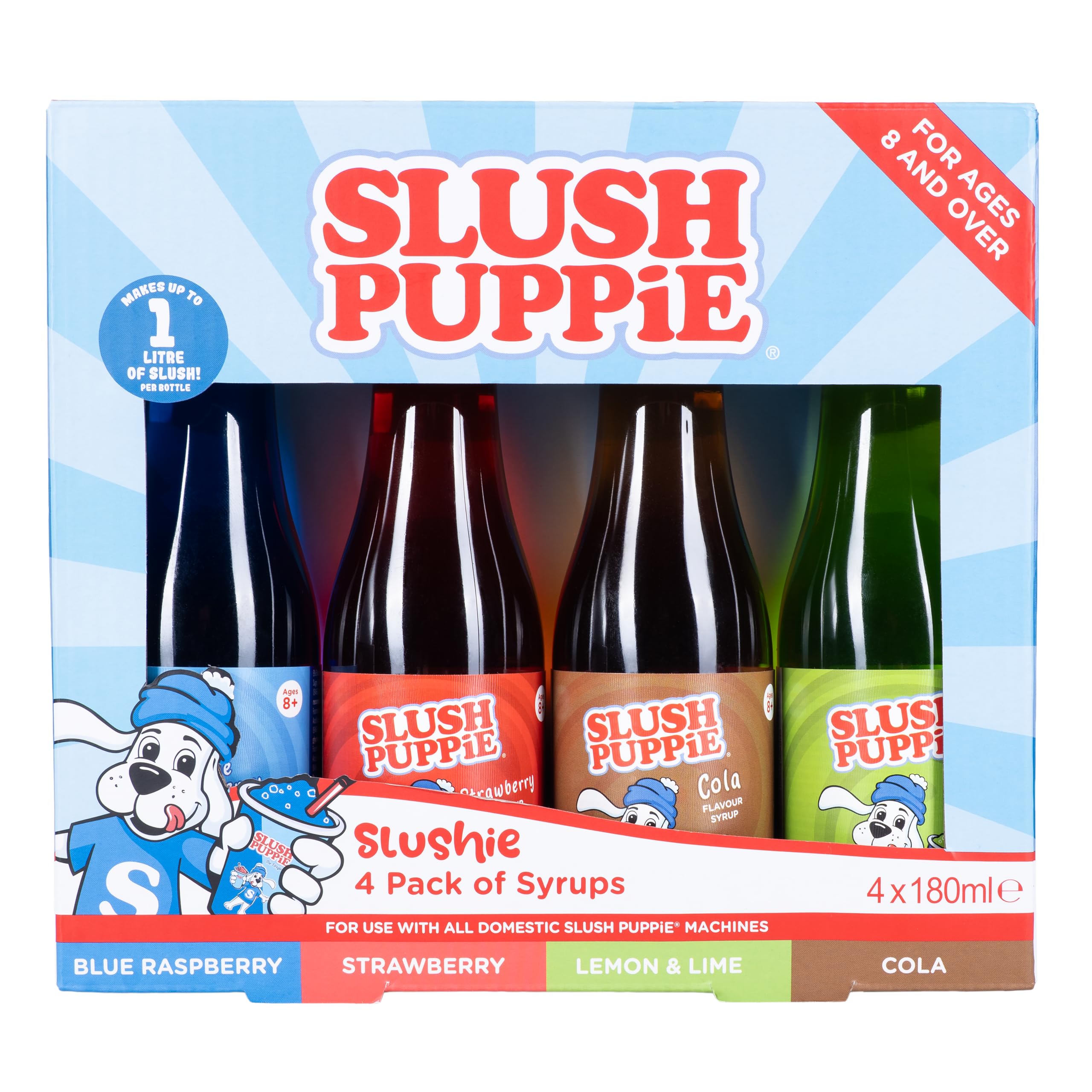 Slush Puppie 4-Pack Syrup Set 180 ml – Blue Raspberry, Strawberry, Cola & Lemon-Lime Flavours – Slush Puppy Concentrate for Slushie, Snow Cone & Shaved Ice Machines.