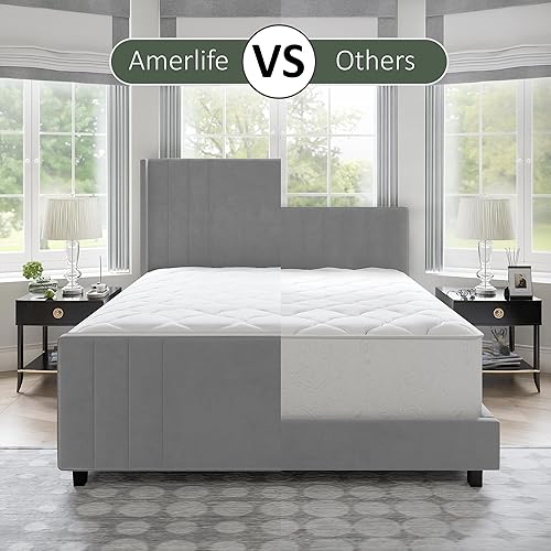 Miniatura 4 de AMERLIFE Marco de cama tamaño Queen, plataforma tapizada de terciopelo con cabecera capitonada de canales verticales y pie de cama/respaldo con Gris